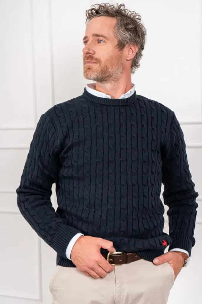 Suéter trenzado cuello redondo Hombre Azul oscuro - miniatura 7