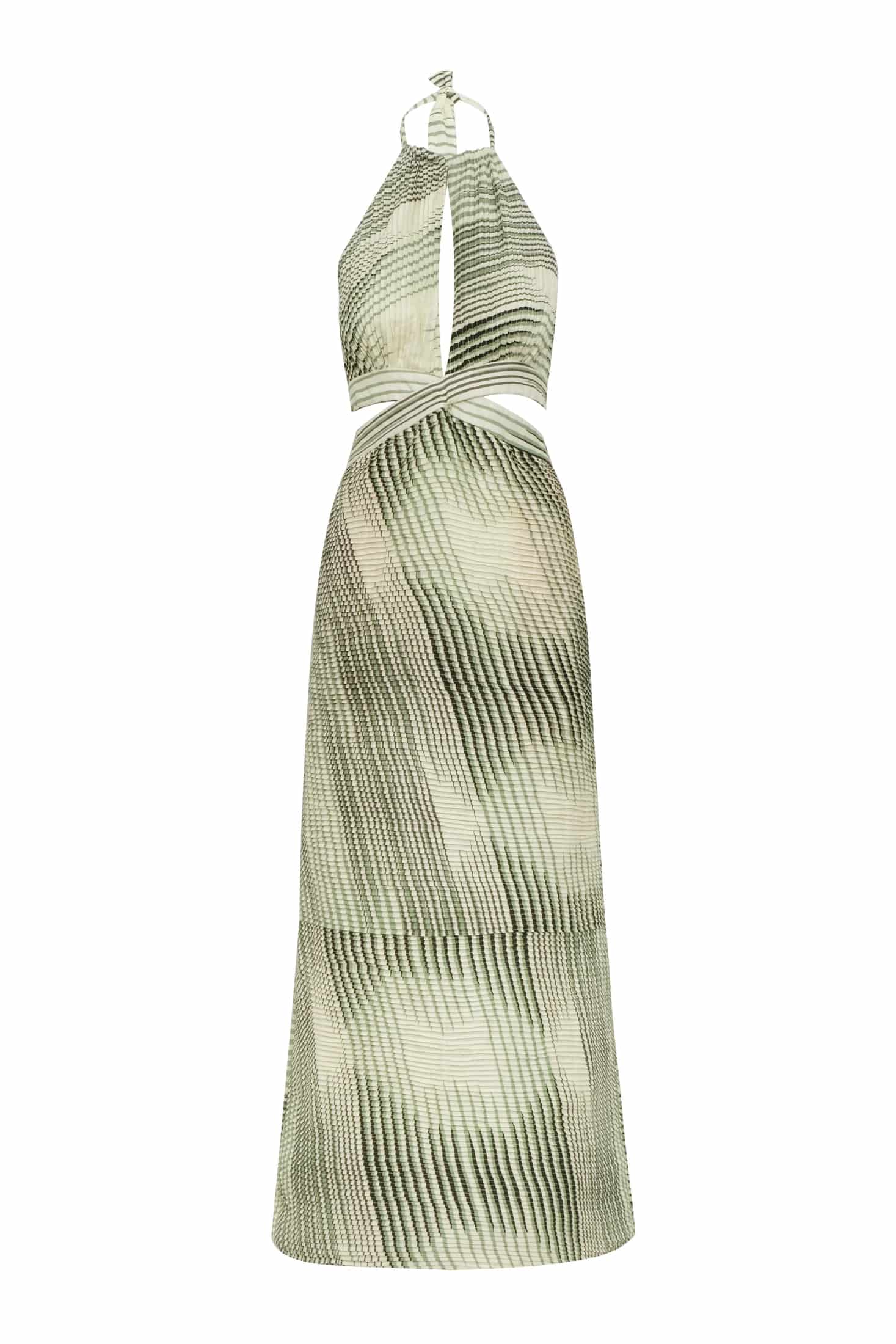 San Agustin Pleated Linen Midi Dress / Green Stripes - miniatura 2