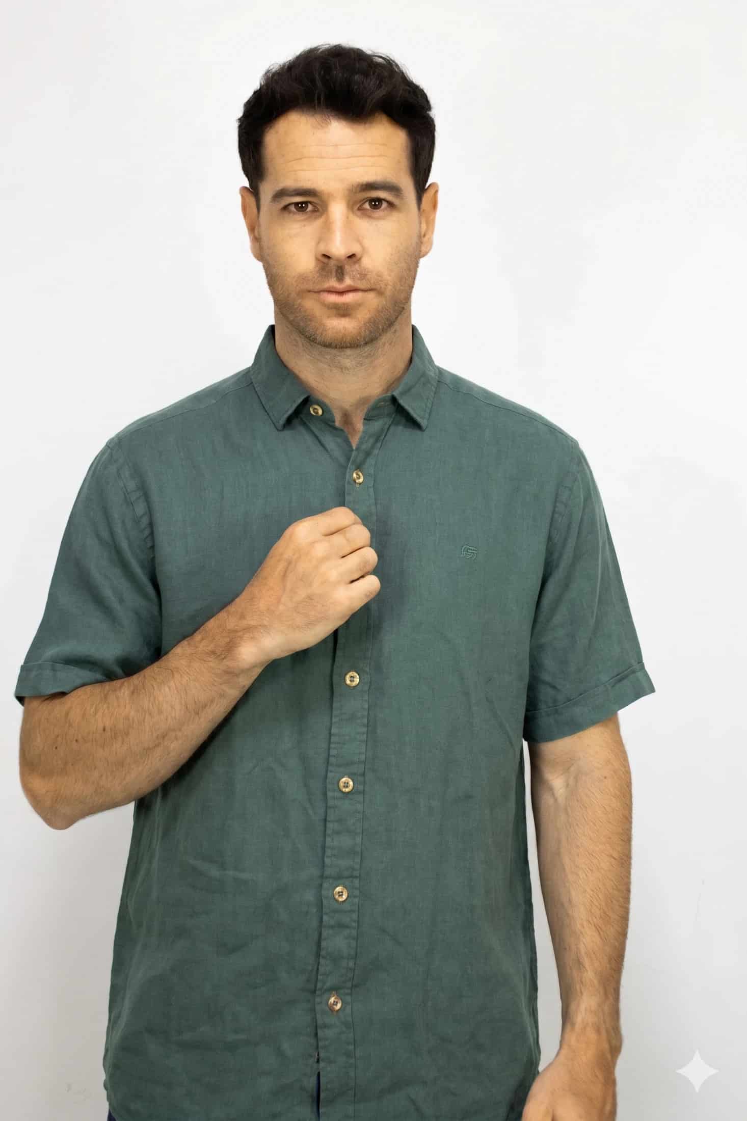Camisa Lino Manga Corta Verde Para Hombre - miniatura 1
