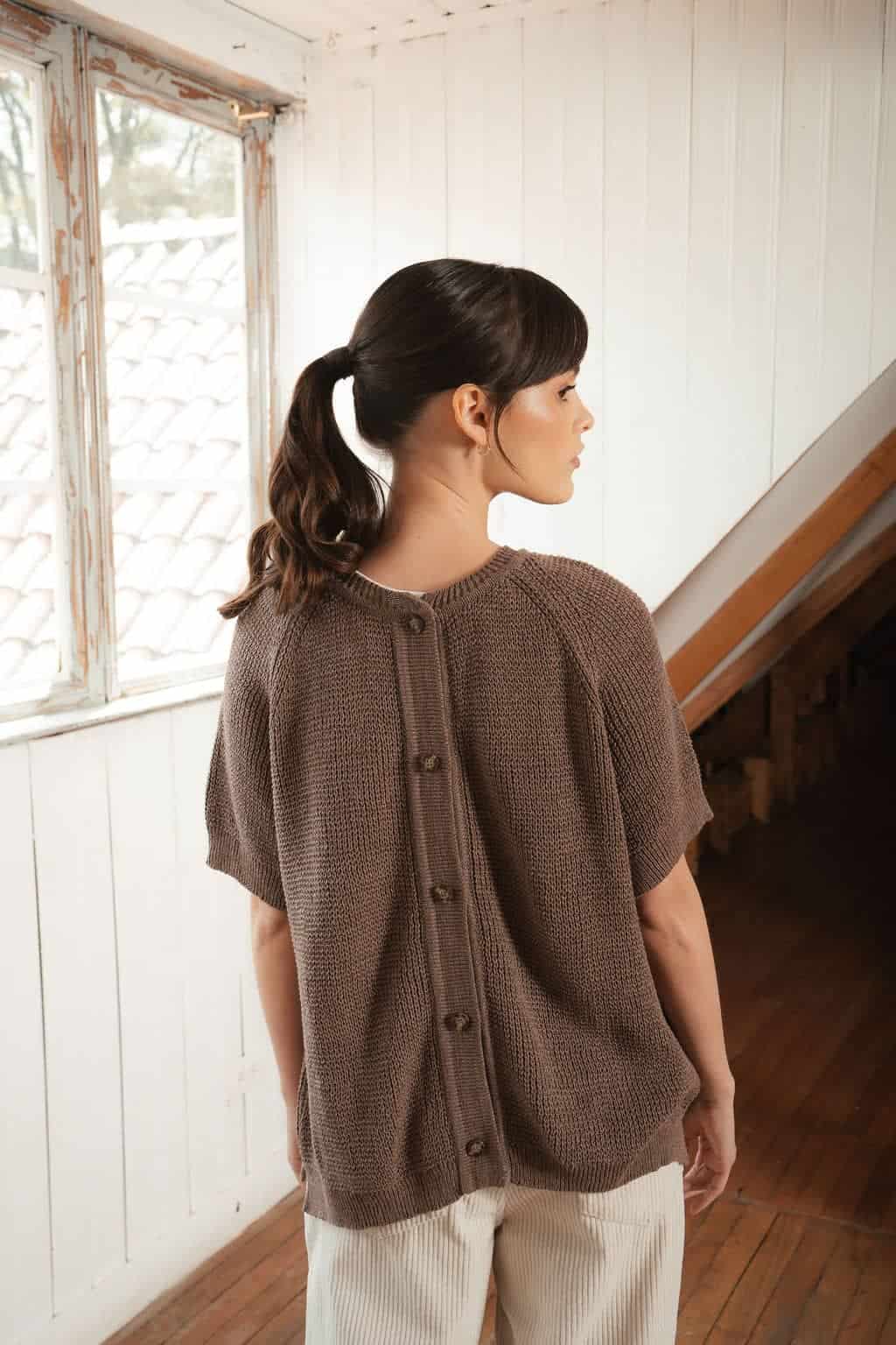 Saco manga corta cardigan perlado café - miniatura 3