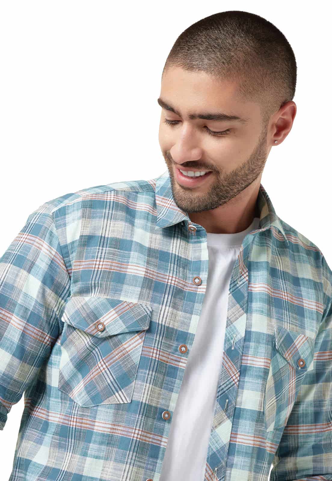 Camisa leñadora verde con tonos azules y blanco doble bolsillo - miniatura 5