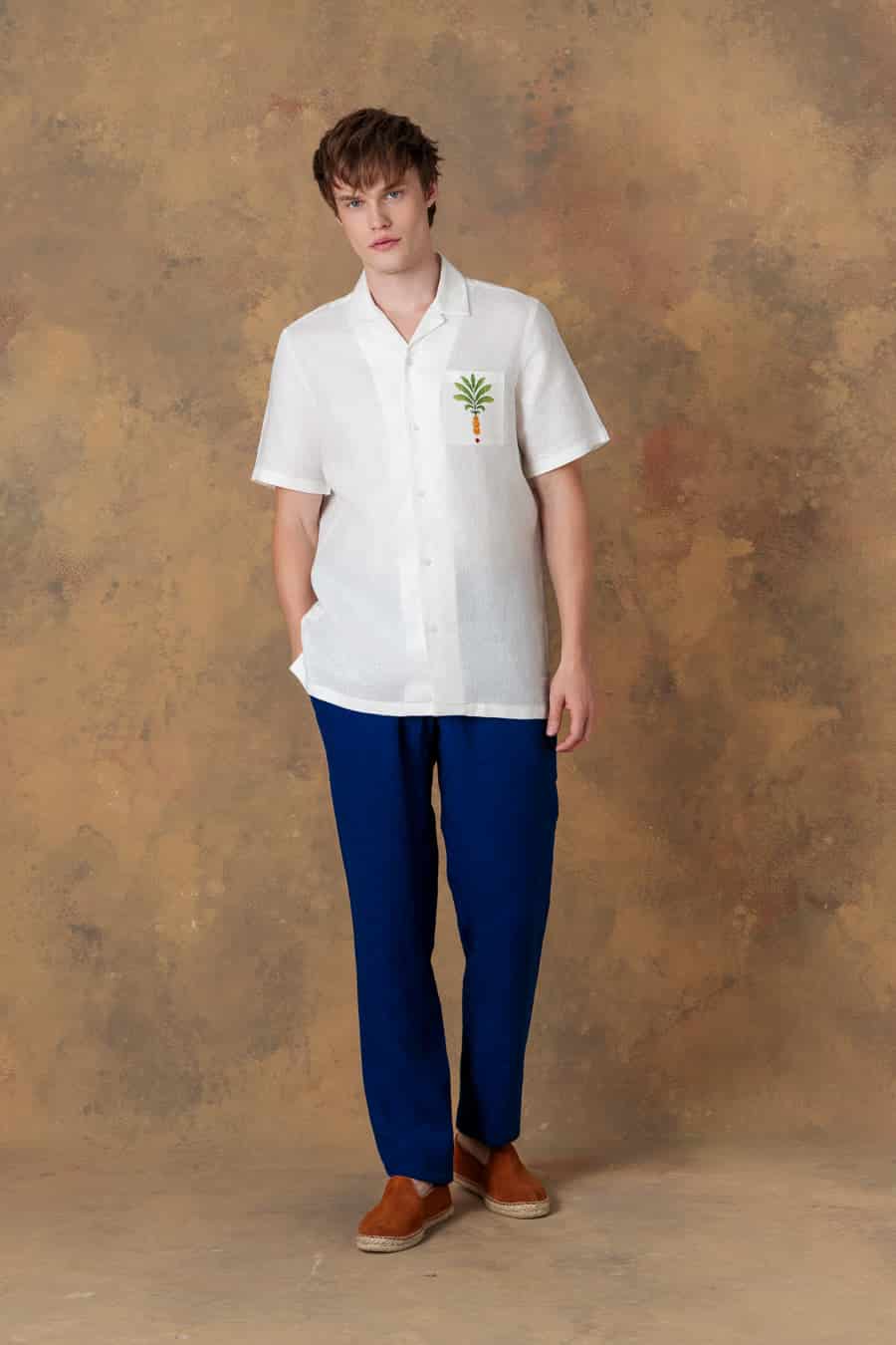 Men's linen shirt bowling thalos white - miniatura 1