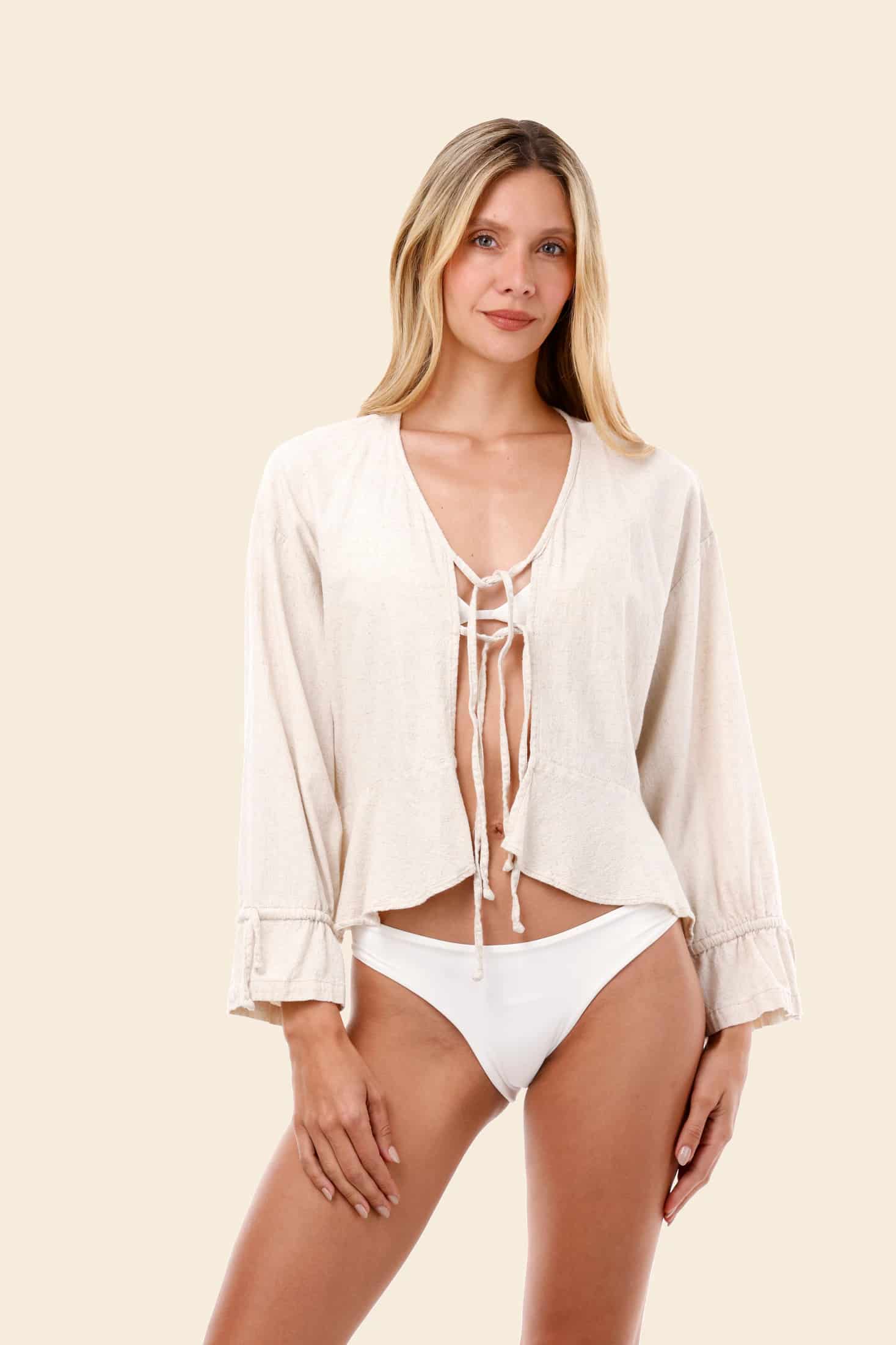 Ivory Linen Seed Luster Ruffle Shirt - miniatura 1