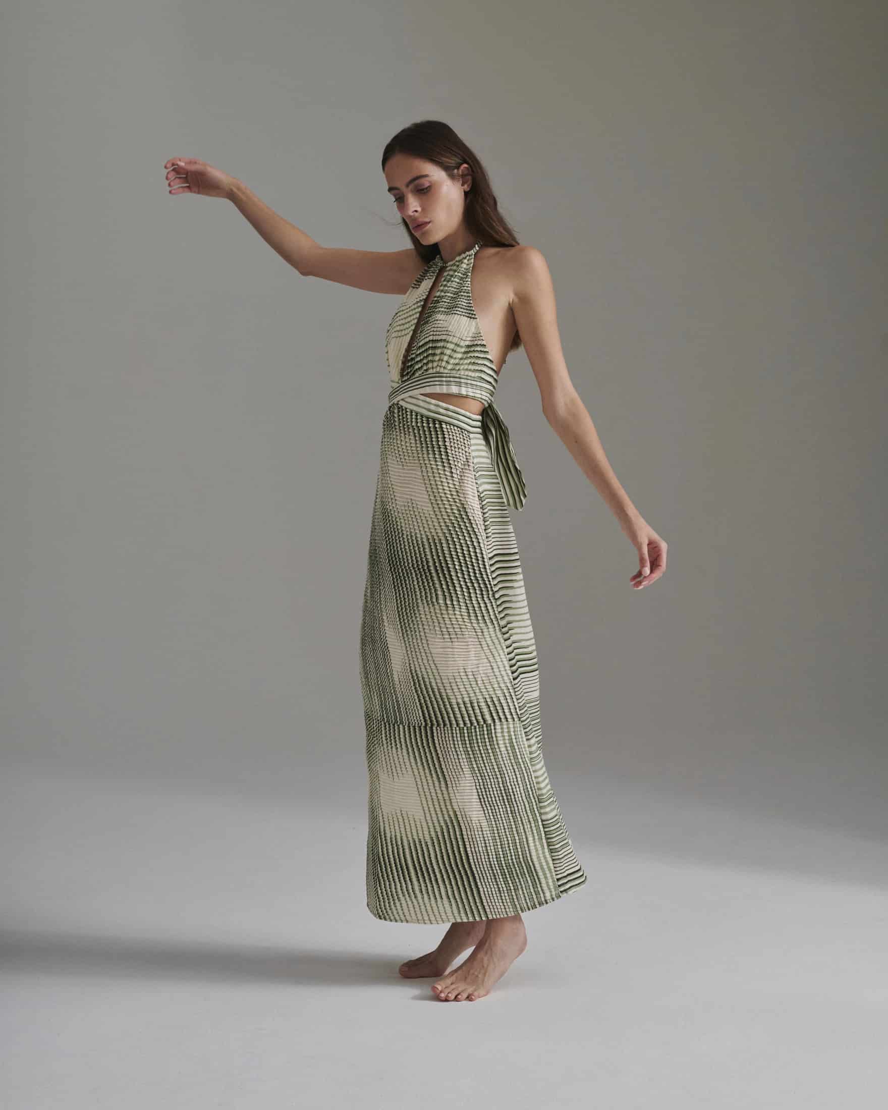 San Agustin Pleated Linen Midi Dress / Green Stripes - miniatura 3