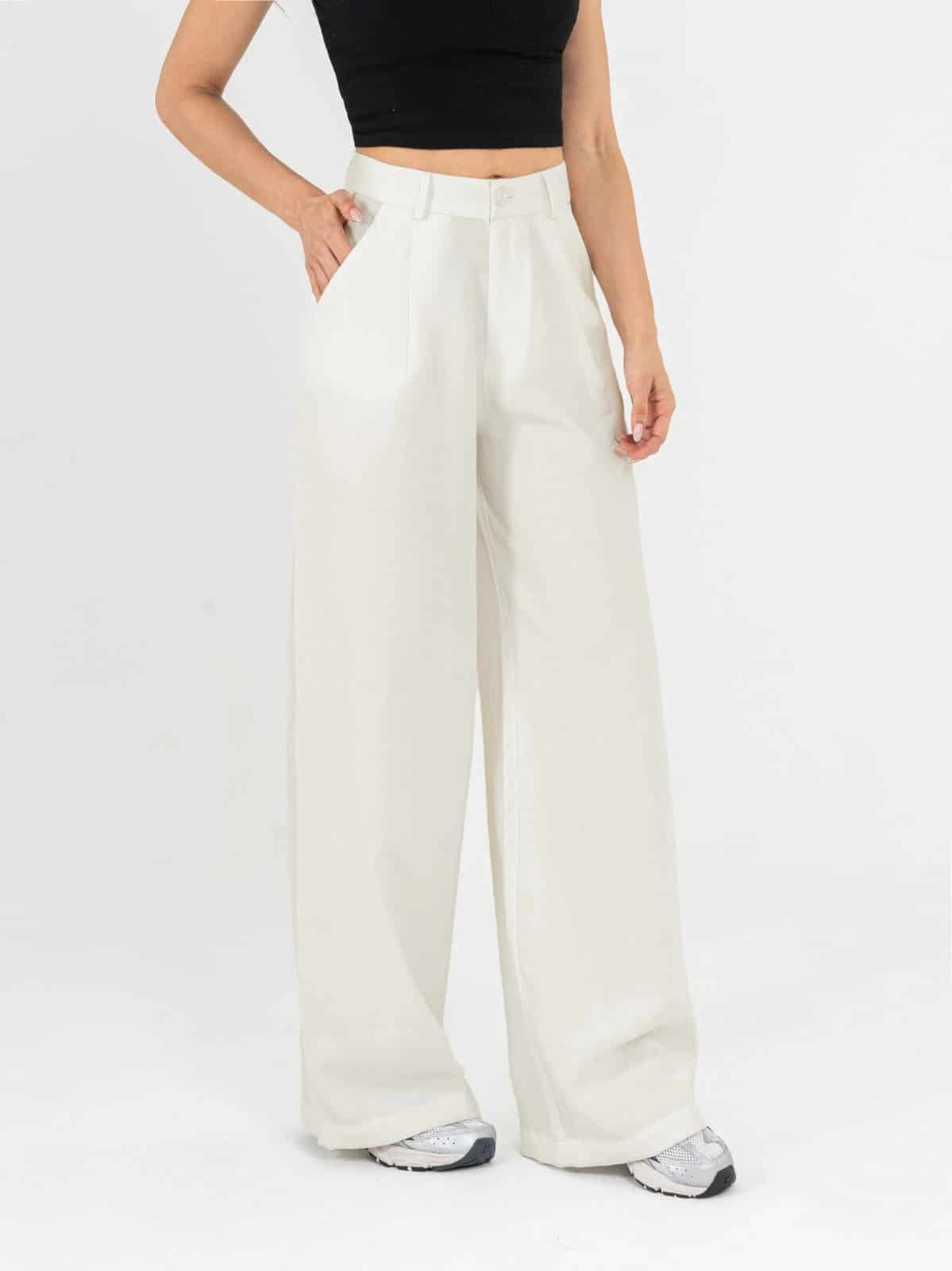 Ref: 0620453 Pantalón palazzo, prenses, tono ivory, tejido plano liviano, tiro alto - miniatura 2