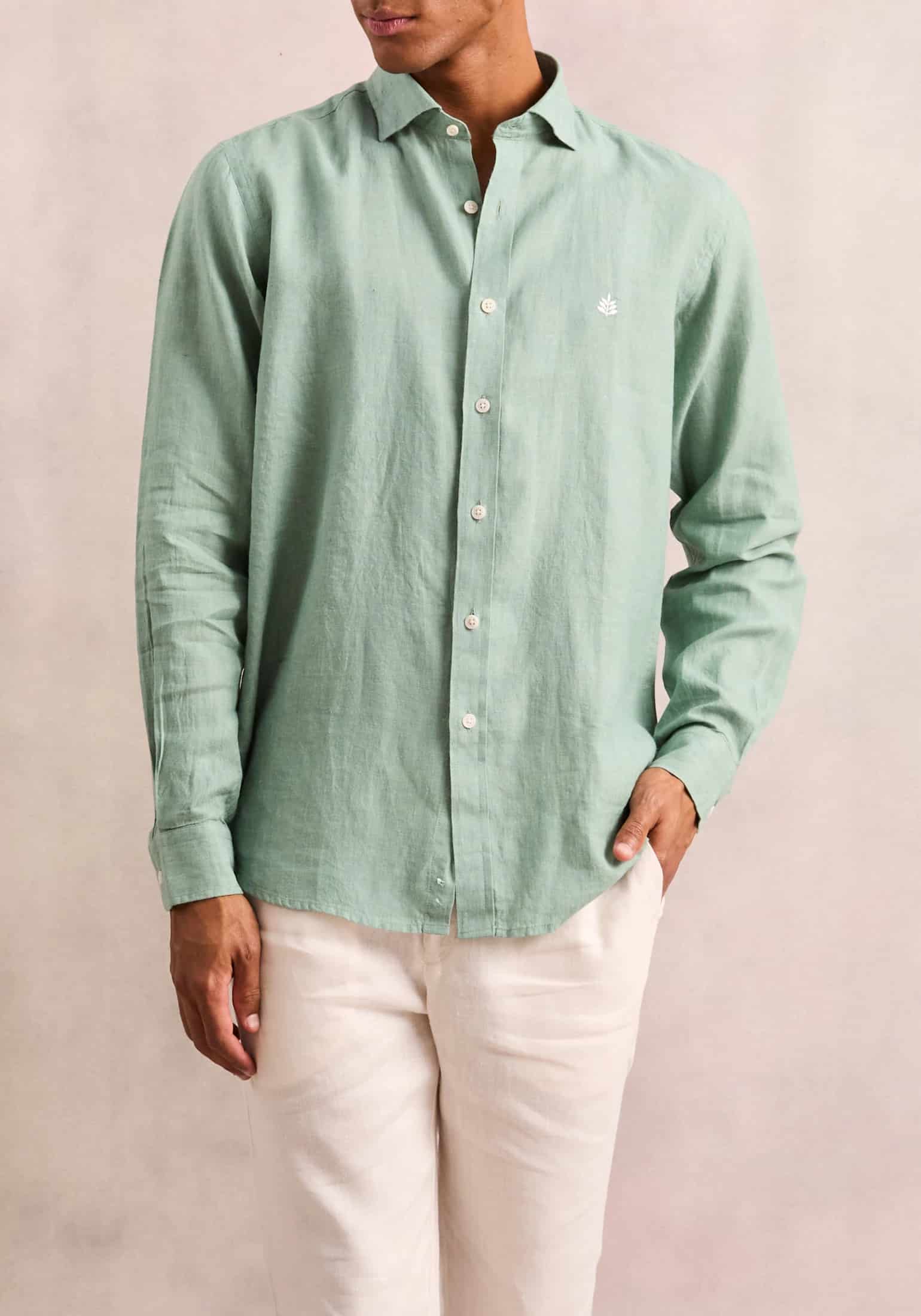 Camisa Lino Cuello Francés Verde Medio L-Bla - miniatura 4