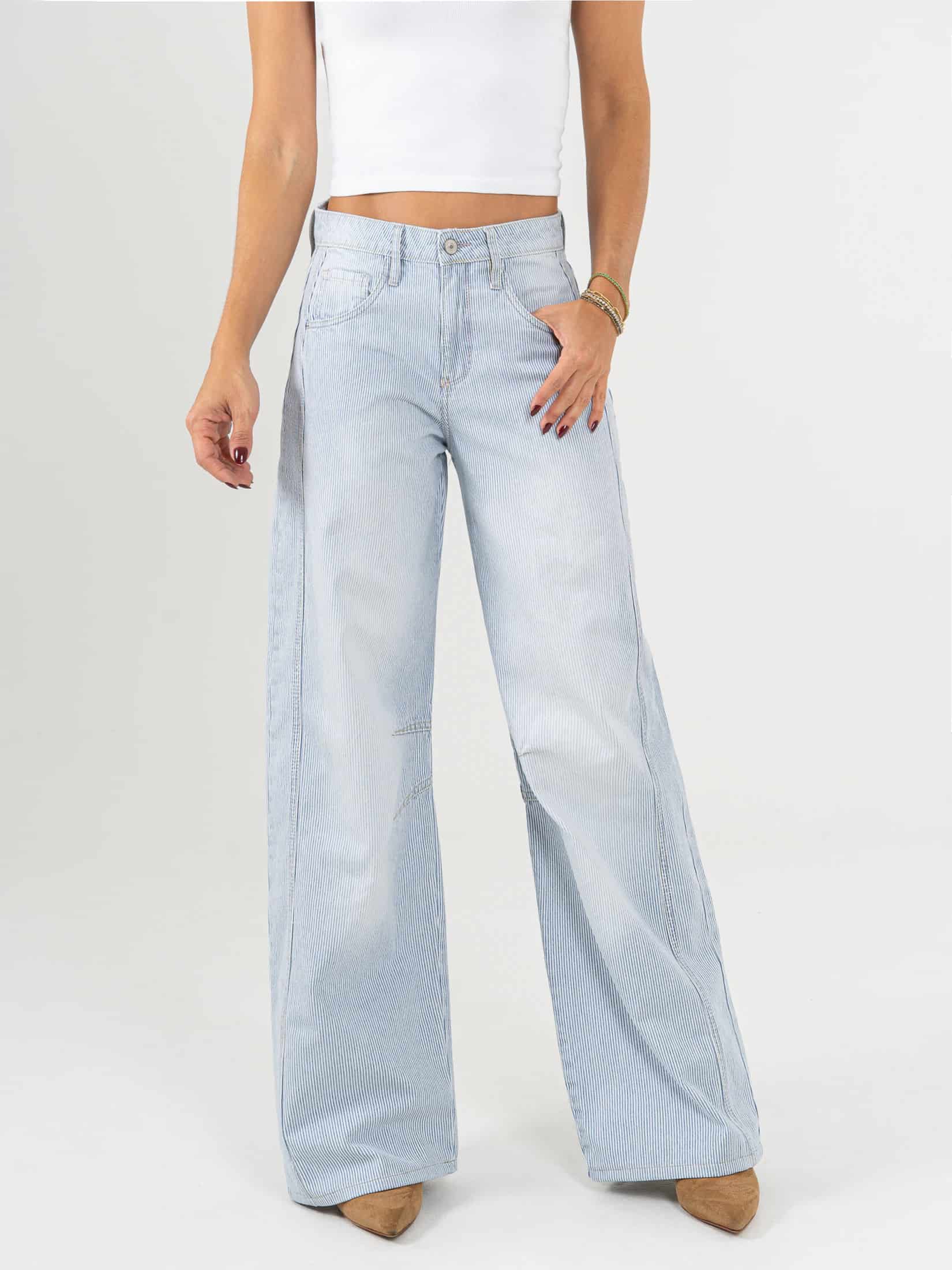 Ref: 066089 Jean wide leg, rayas, rígido, tiro alto, tono azul, pinzas en pierna - miniatura 1