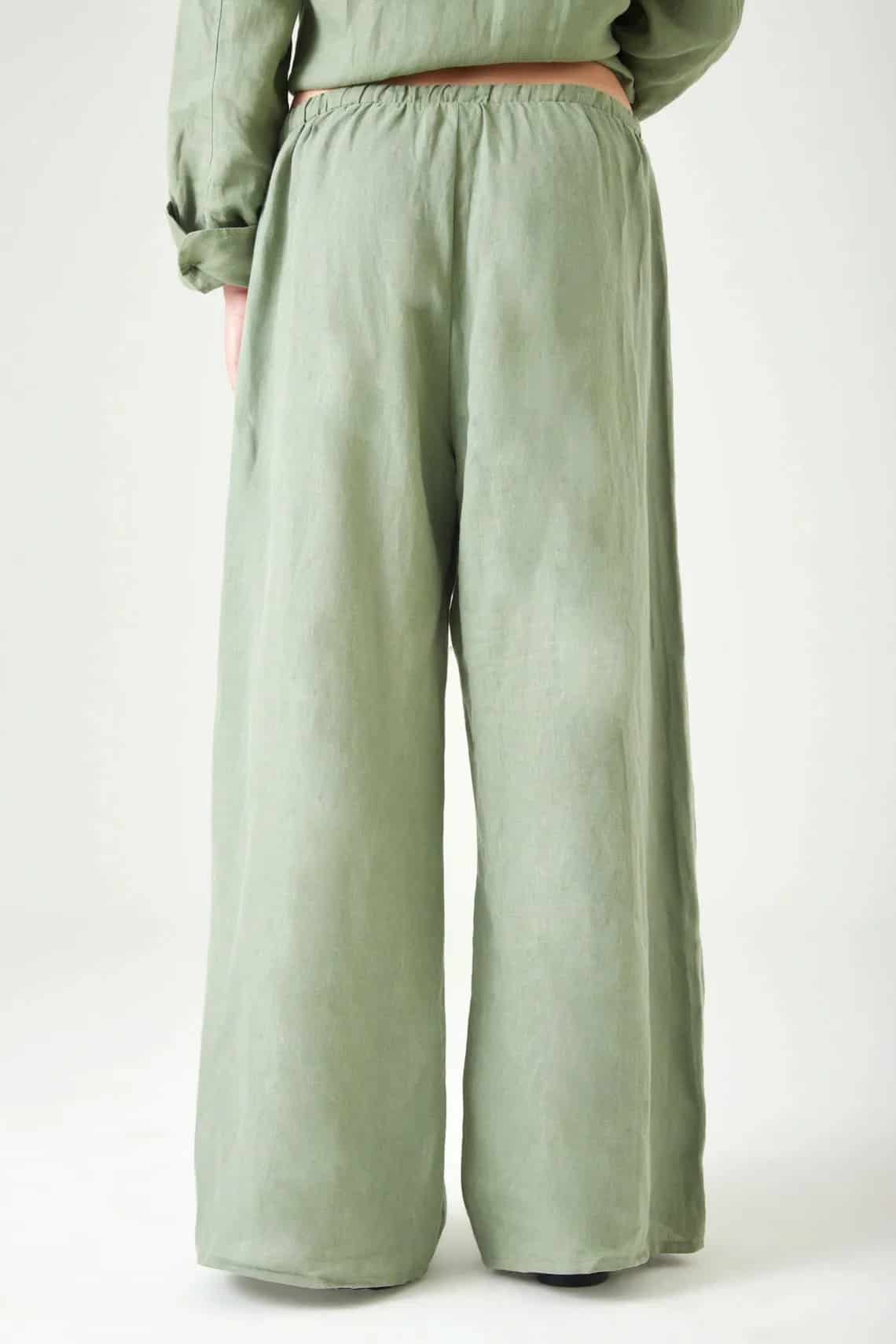 Pantalón pierna ancha con pretina elástica en lino verde salvia para mujer - miniatura 5