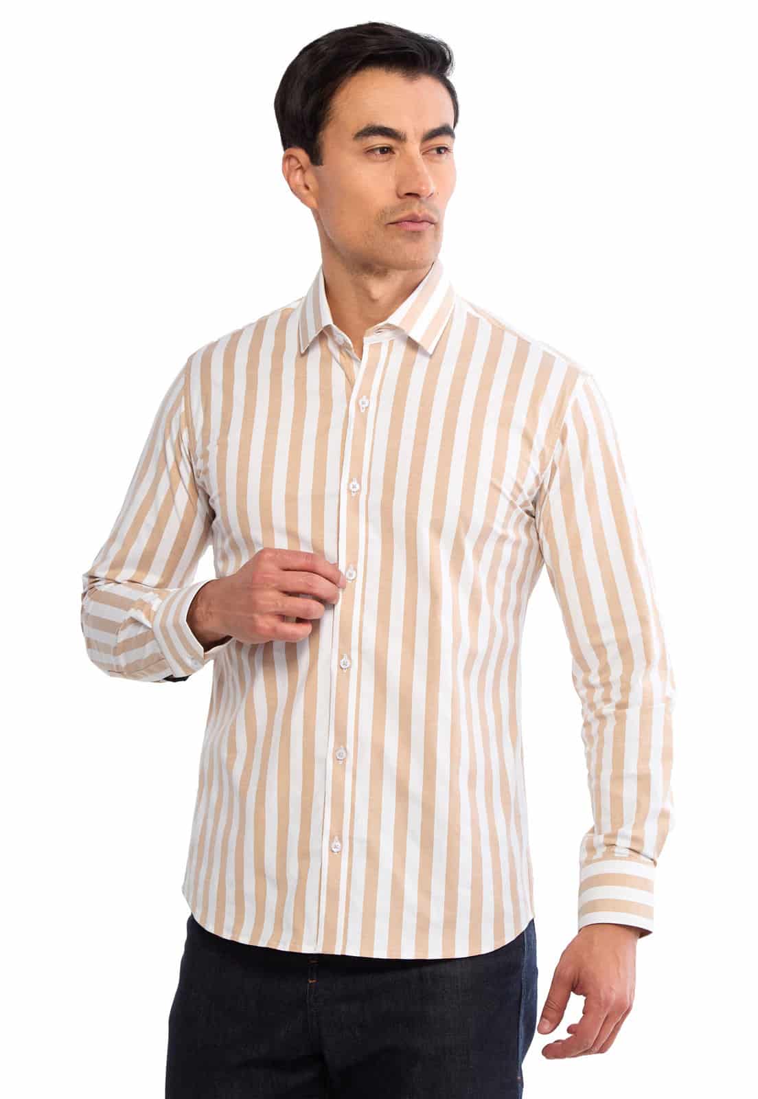 Camisa manga larga blanca con rayas camel - miniatura 1