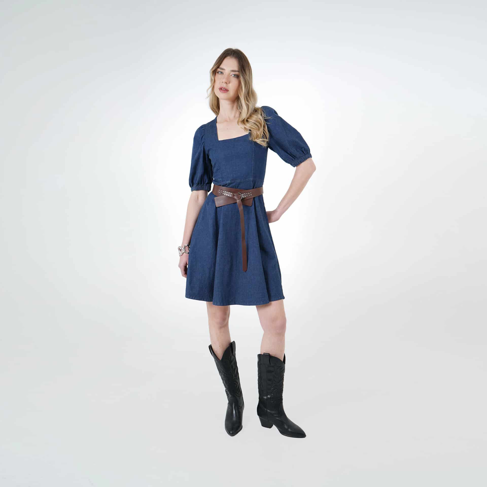 Vestido midi en denim cuello cuadrado mangas globo - miniatura 5