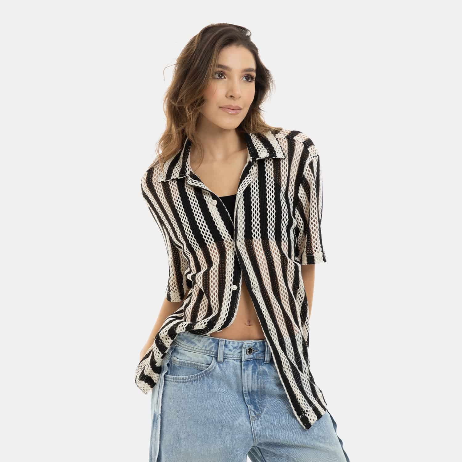 Mesh Striped Shirt Black - miniatura 8