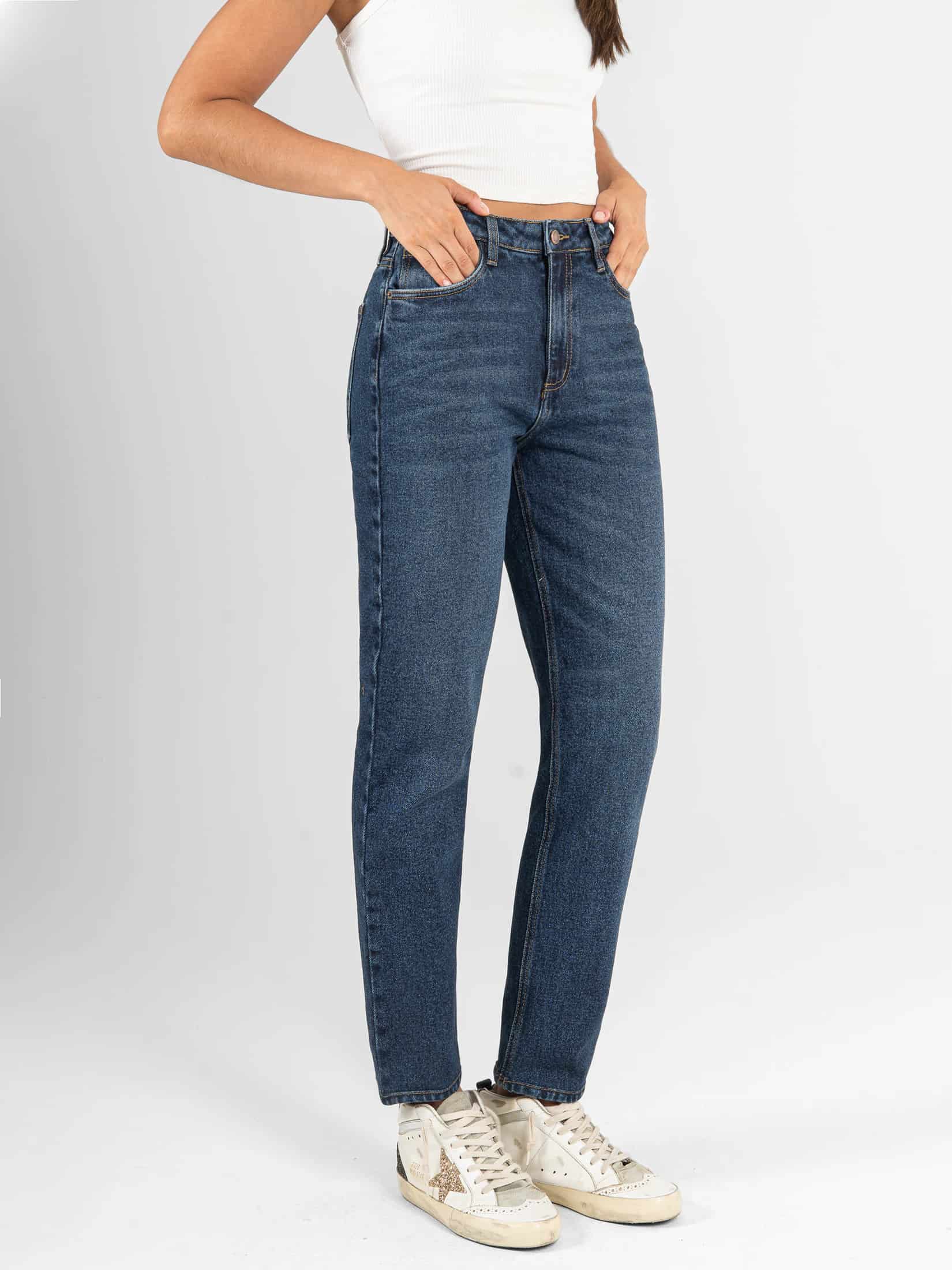 Ref: 066589 Jean Mom fit, slim cropped, stretch, tiro alto, tono azul oscuro - miniatura 3