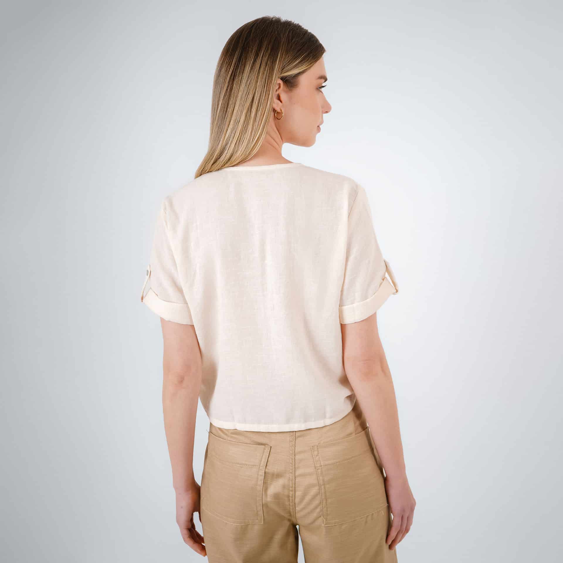 Blusa abierta escote redondo manga corta con charreteras - miniatura 7