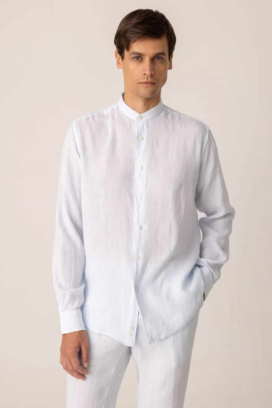 Men's linen shirt mao sky blue - miniatura 3