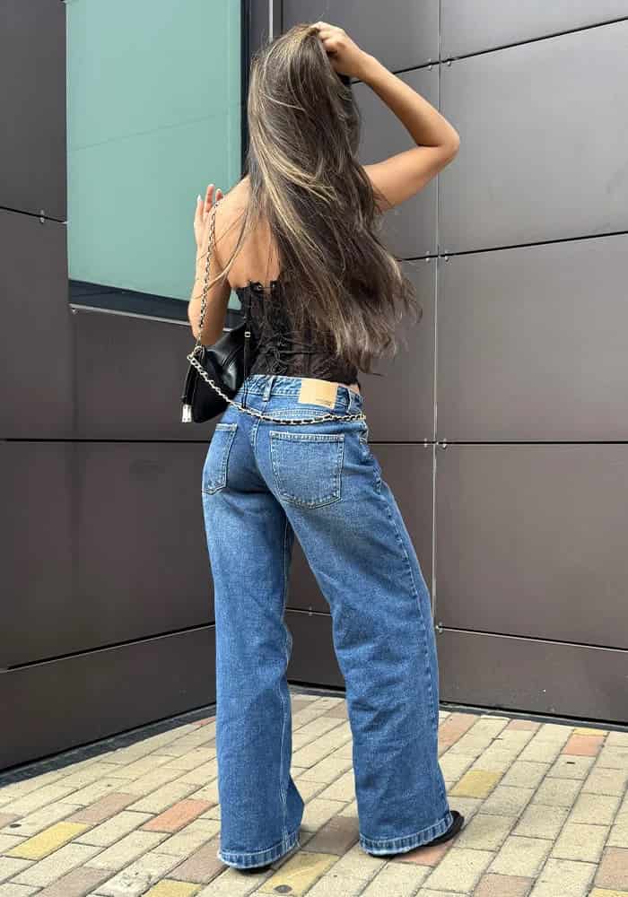 Jean Rígido Wide Leg Baggy para Mujer Tono Azul Medio Oscuro Tiro Bajo - miniatura 7