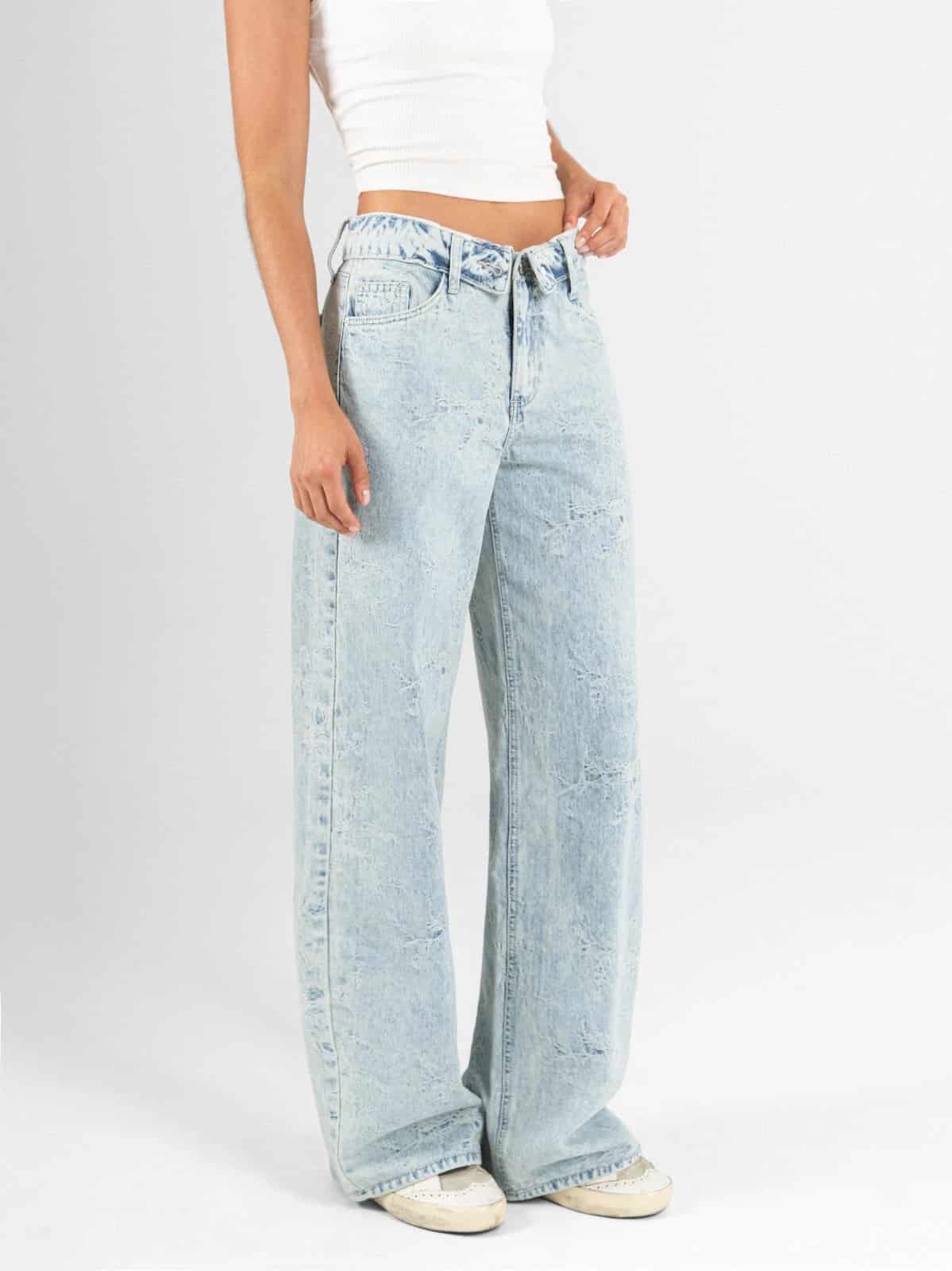 Ref: 066532 Jean wide leg, rígido, tiro medio, detalle en pretina, tono azul claro - miniatura 3