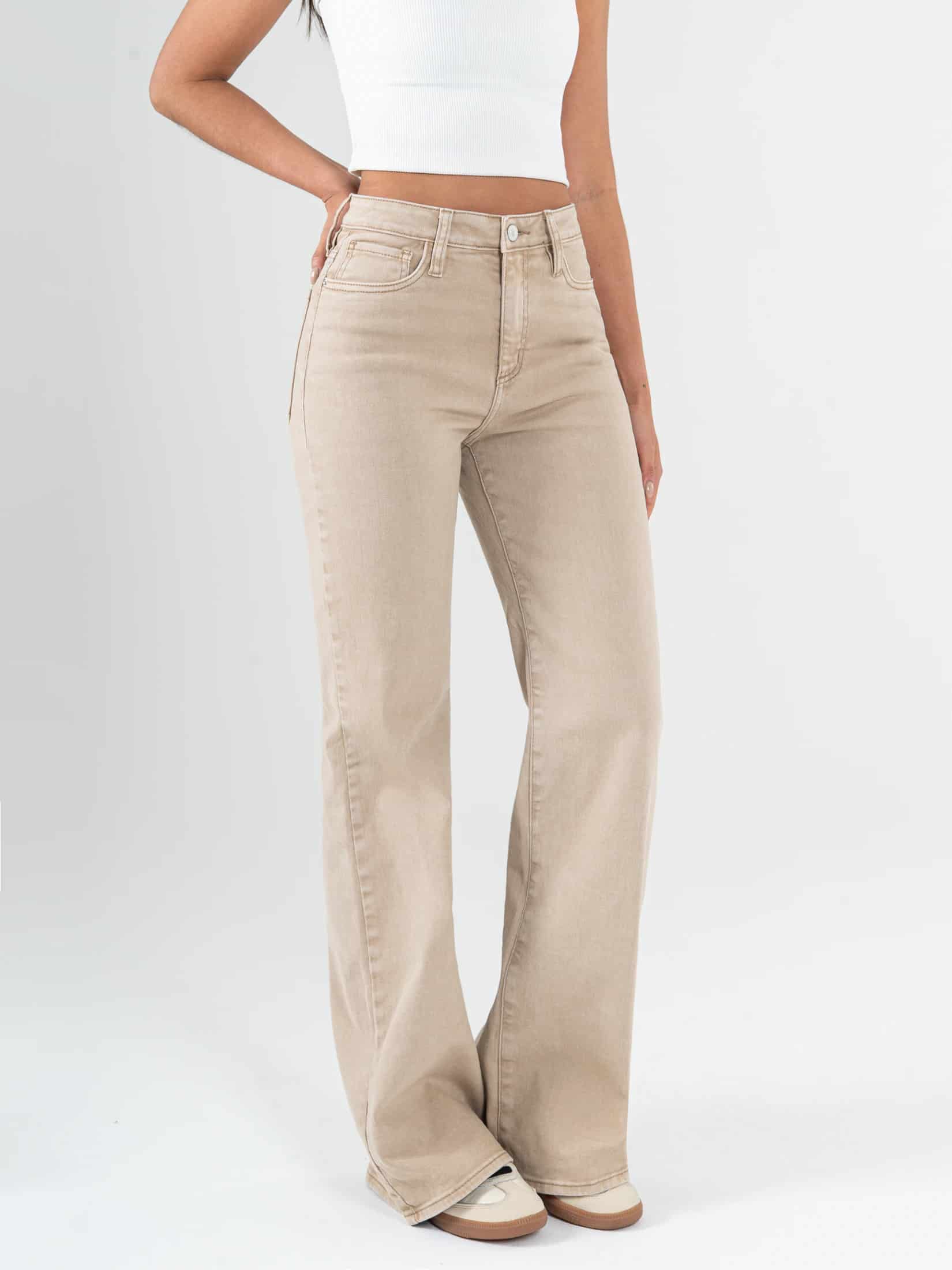 Ref: 069843 Pantalón palazzo stretch, tiro alto, tono caqui - miniatura 3