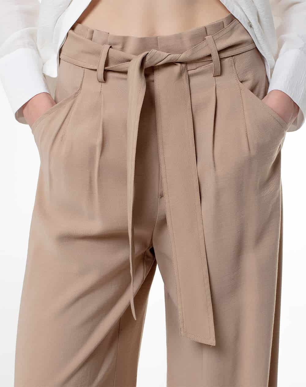 Pantalón palazzo tiro alto pliegues delanteros y cinturón caqui para mujer - miniatura 3