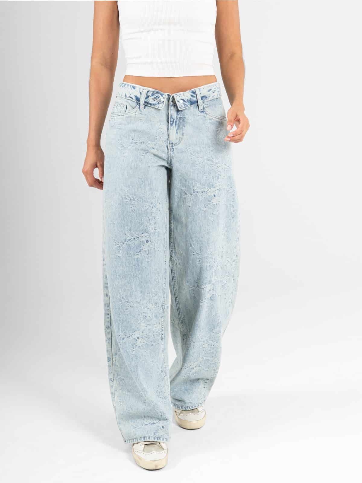 Ref: 066532 Jean wide leg, rígido, tiro medio, detalle en pretina, tono azul claro - miniatura 2
