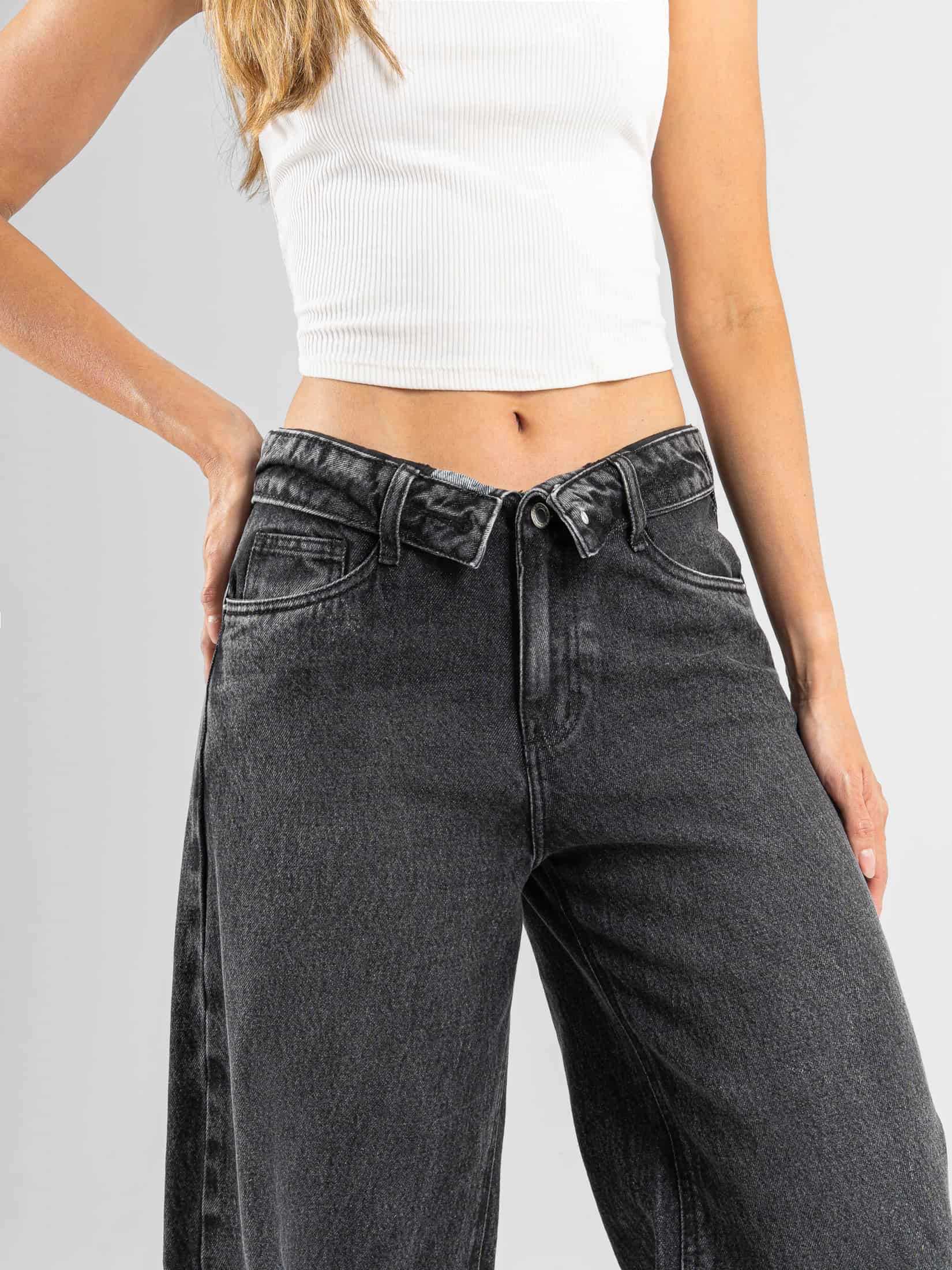 Ref: 066531 Jean wide leg, rígido, tiro medio, detalle en pretina, tono gris medio - miniatura 3