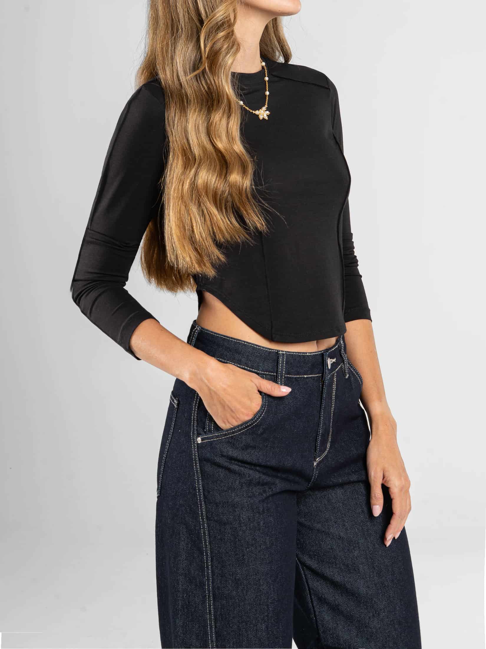 Ref: 0610666 Top manga larga, con cortes, stretch, tono negro - miniatura 3
