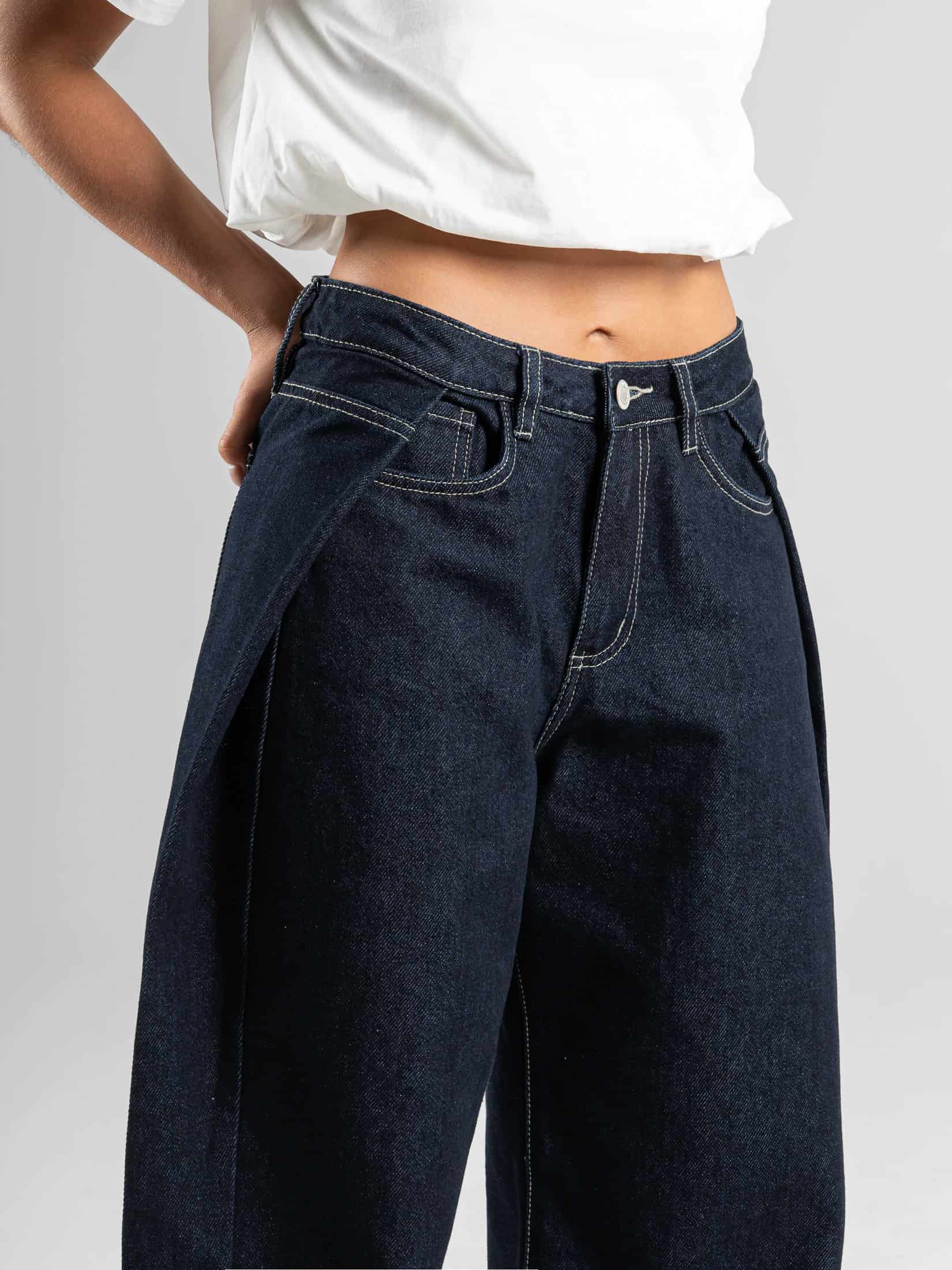 Ref: 066571 Jean wide leg , rígido, tiro medio, detalle de pliegue en costado, tono azul oscuro - miniatura 2