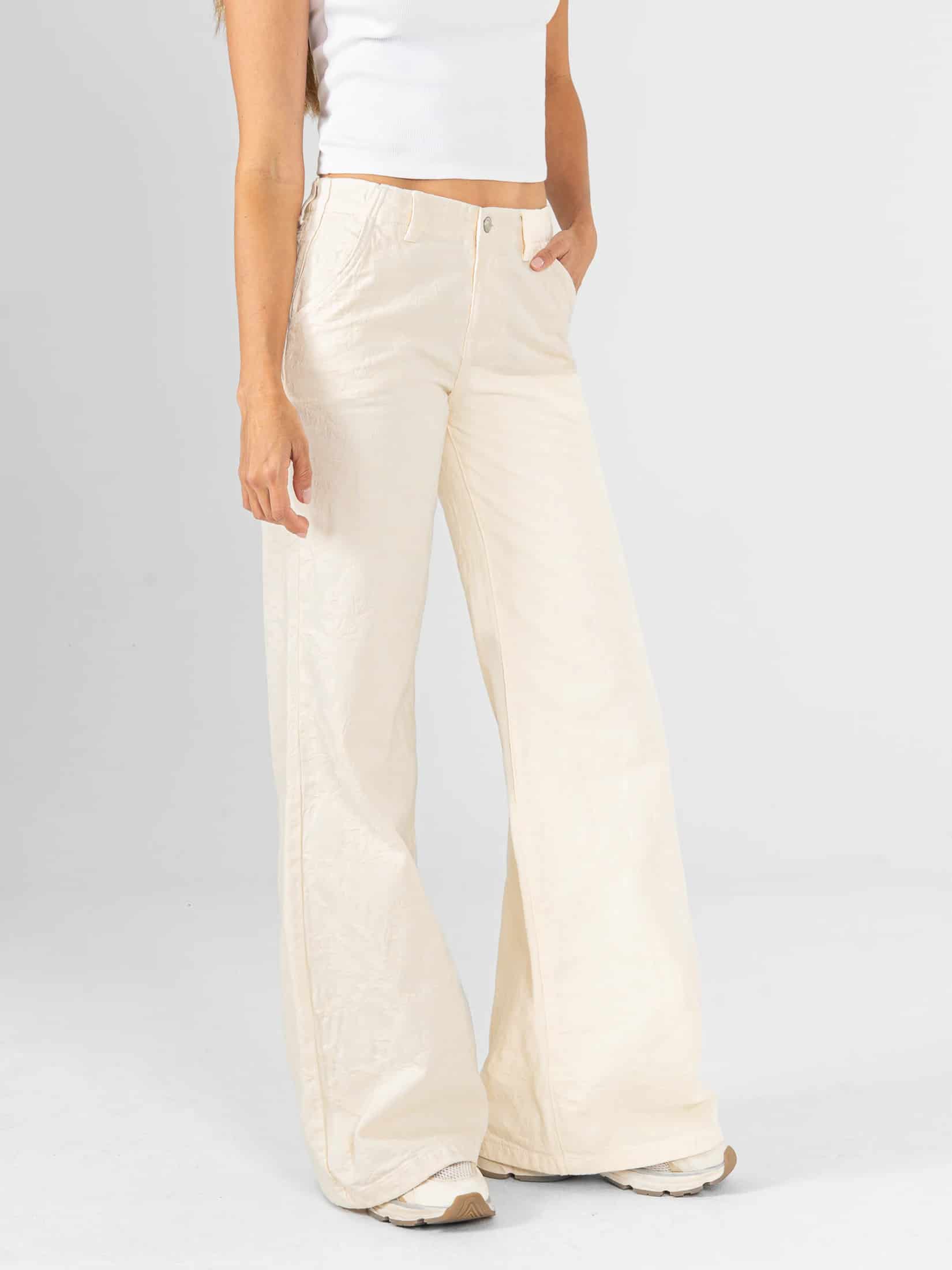 Ref: 0620448 Pantalón palazzo, tiro medio, detalle de tela bordada, pretina resortada, tono beige - miniatura 1