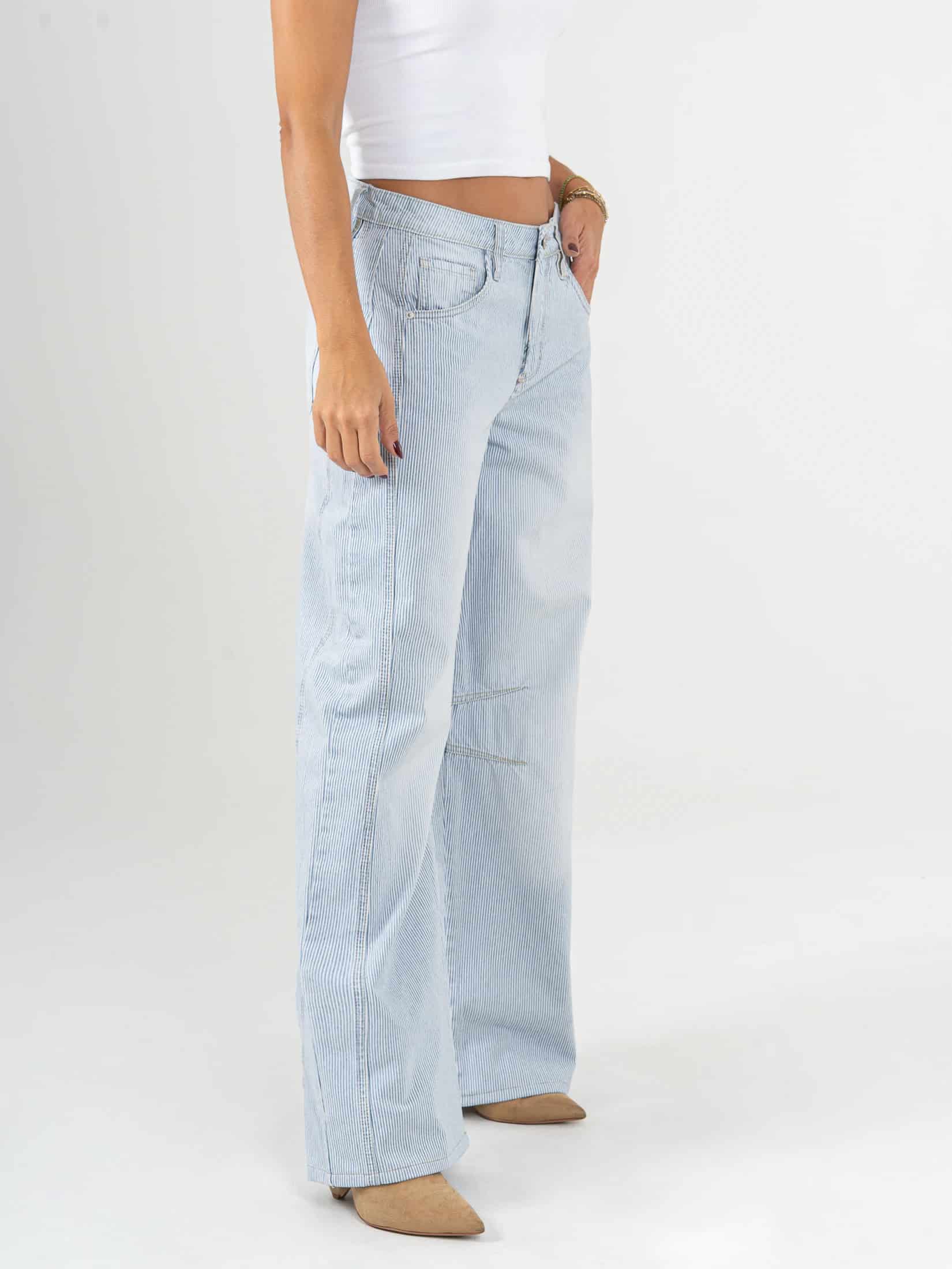Ref: 066089 Jean wide leg, rayas, rígido, tiro alto, tono azul, pinzas en pierna - miniatura 2