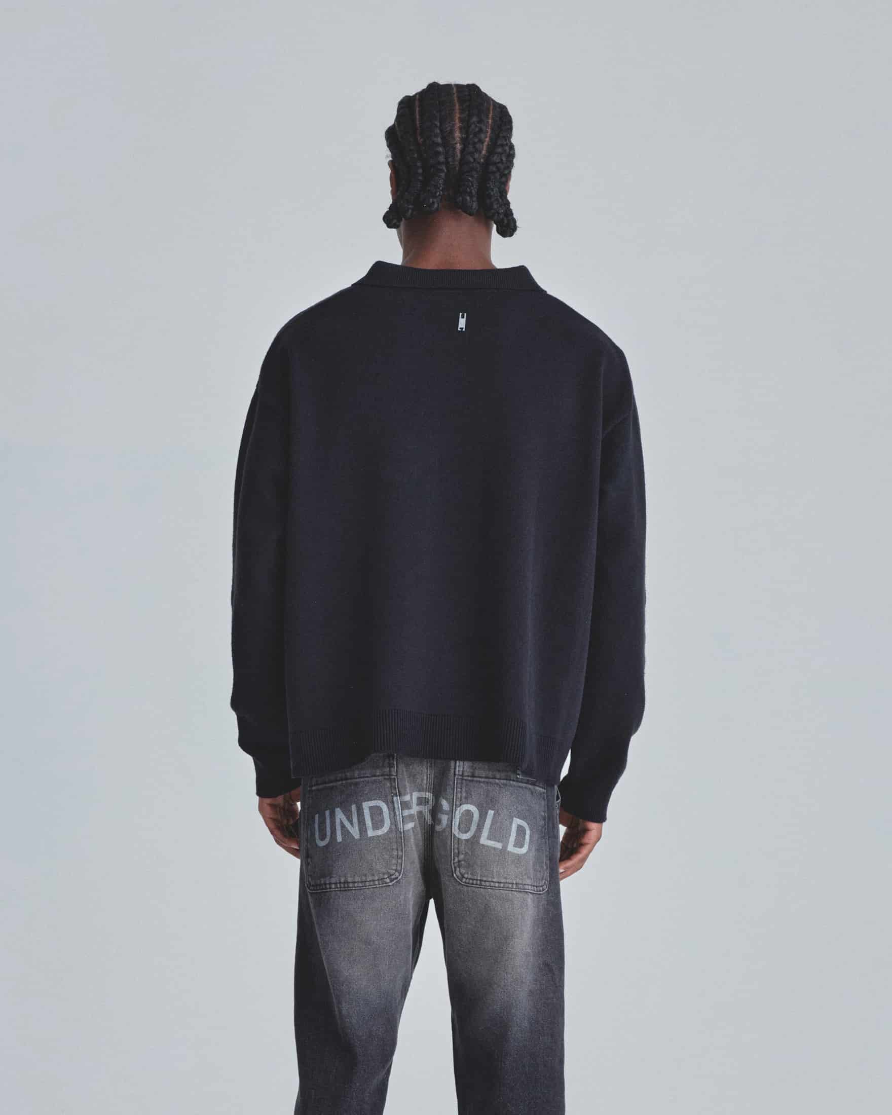 Line Knit Zip Up Long Sleeve Polo Shirt Black - miniatura 7