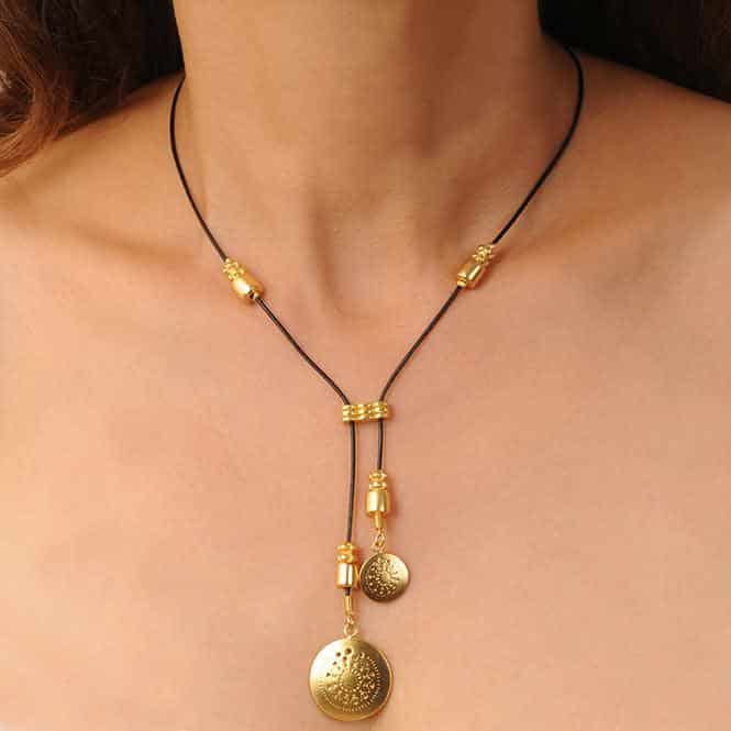 Collar Cuero Negro Corbata dos Dijes Pequeños Pectoral Muisca - miniatura 2