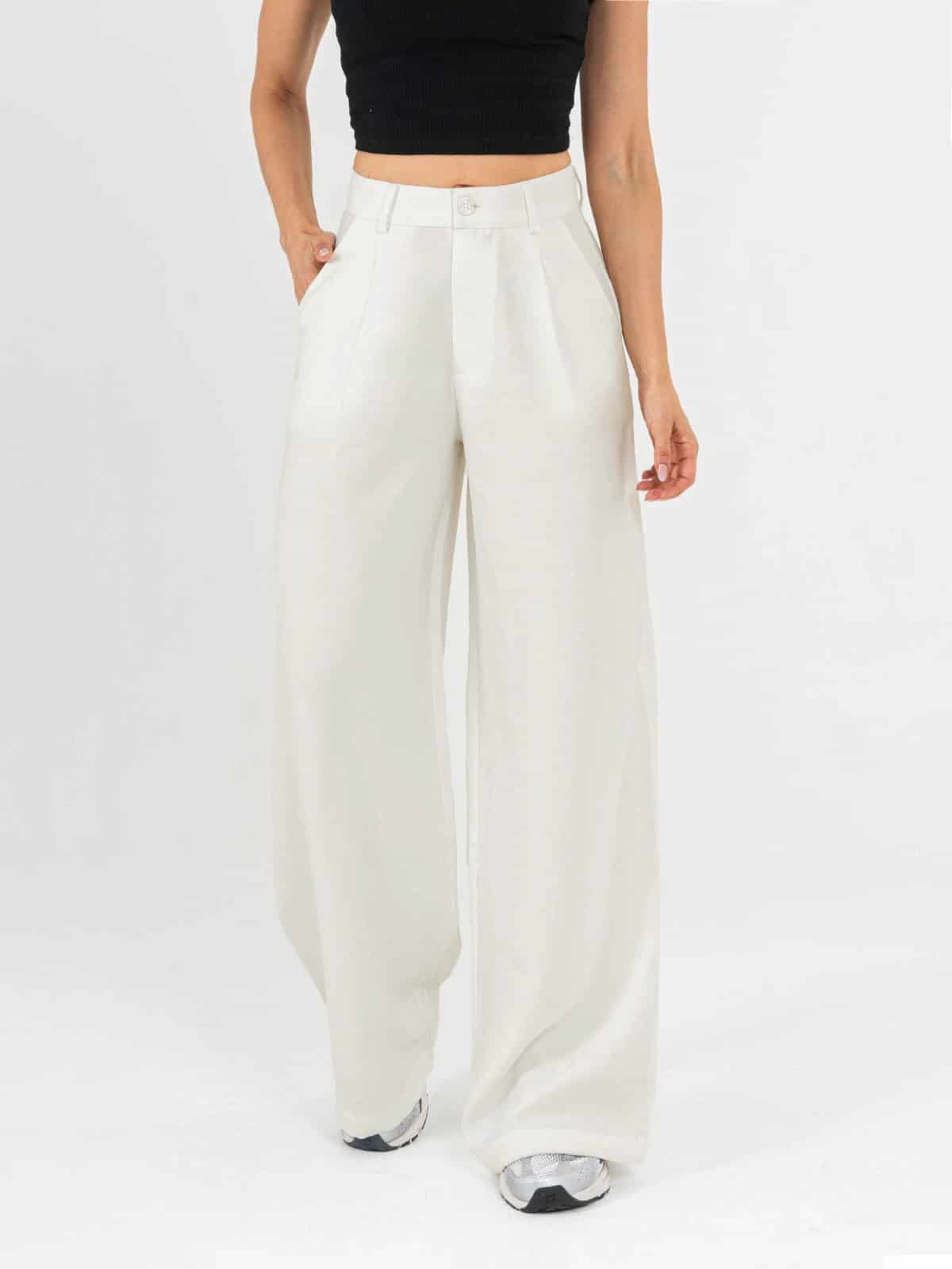 Ref: 0620453 Pantalón palazzo, prenses, tono ivory, tejido plano liviano, tiro alto - miniatura 1