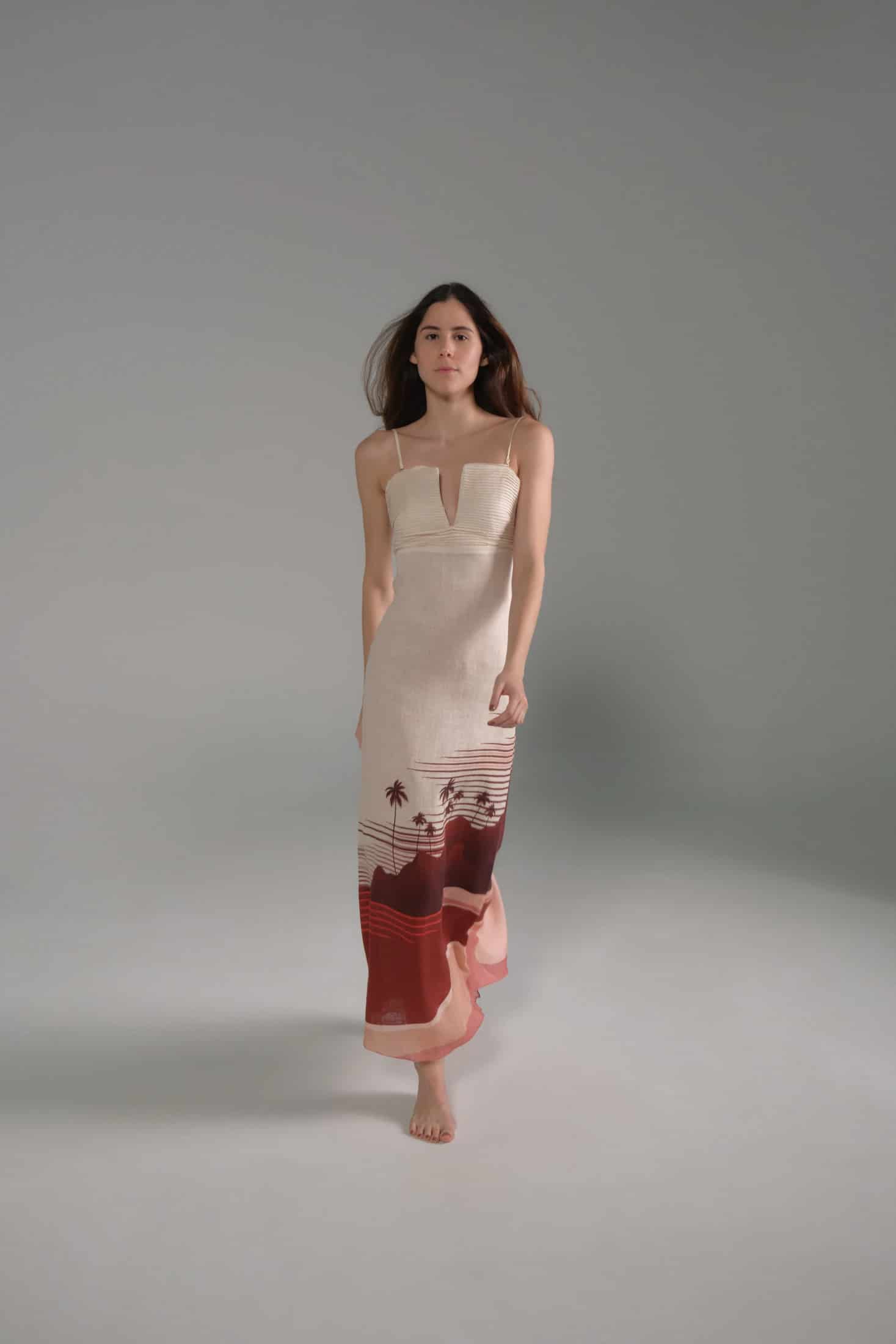 Antigüa Linen Midi Dress / Red Tropical Landscape - miniatura 1