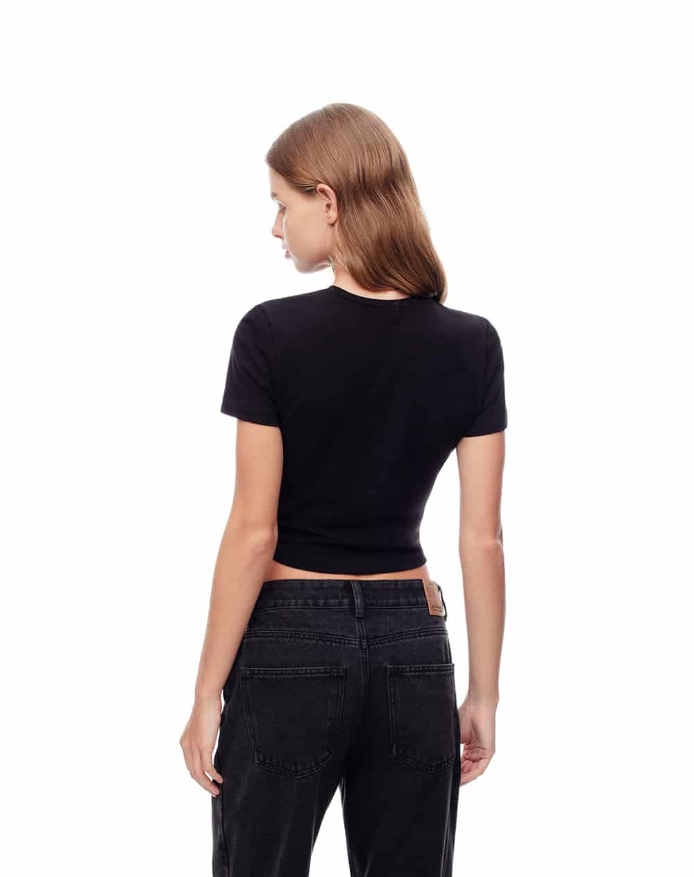 Camiseta crop slim algodón negra bordado mujer - miniatura 2