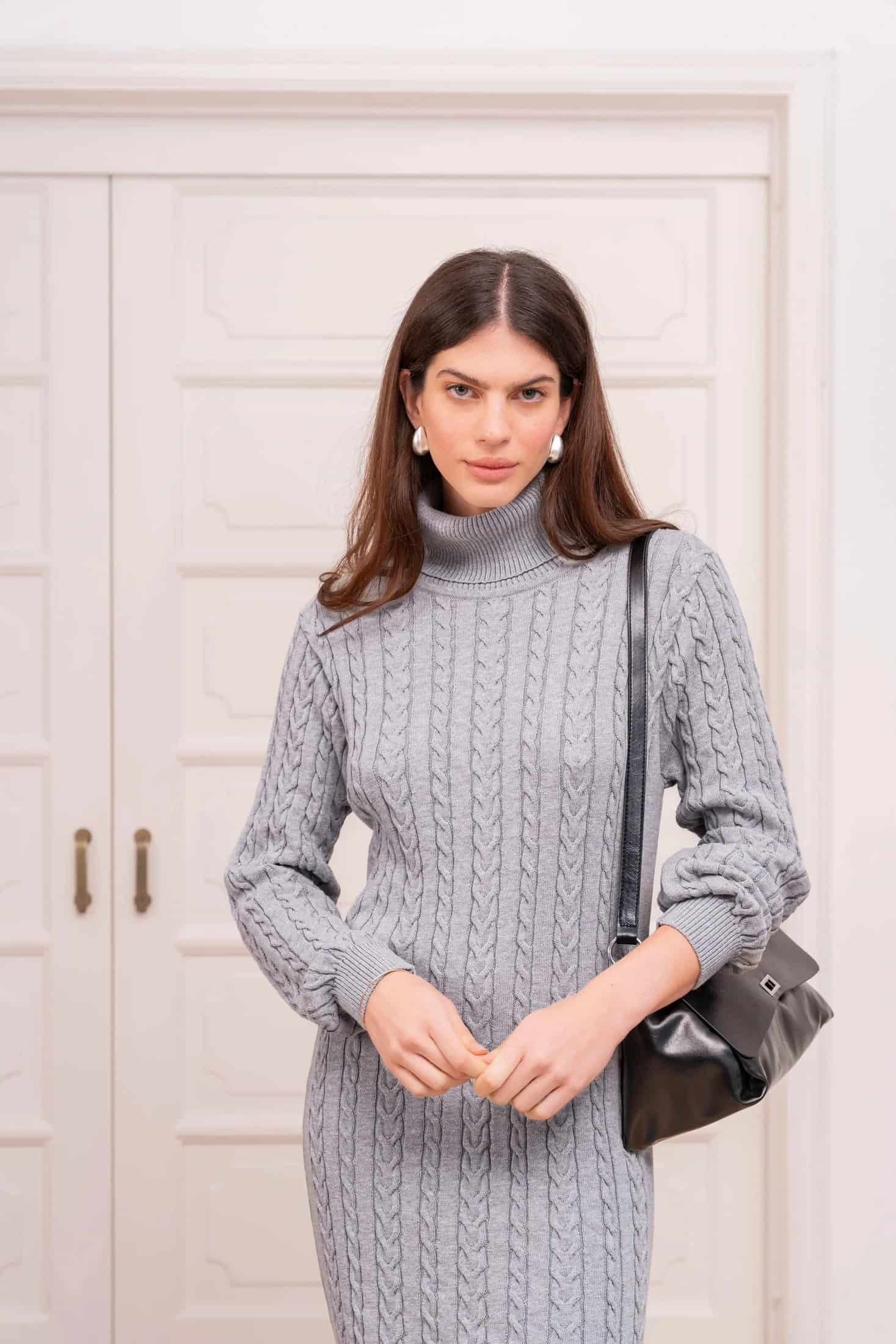 Vestido trenzado cuello tortuga Mujer Gris Claro - miniatura 1
