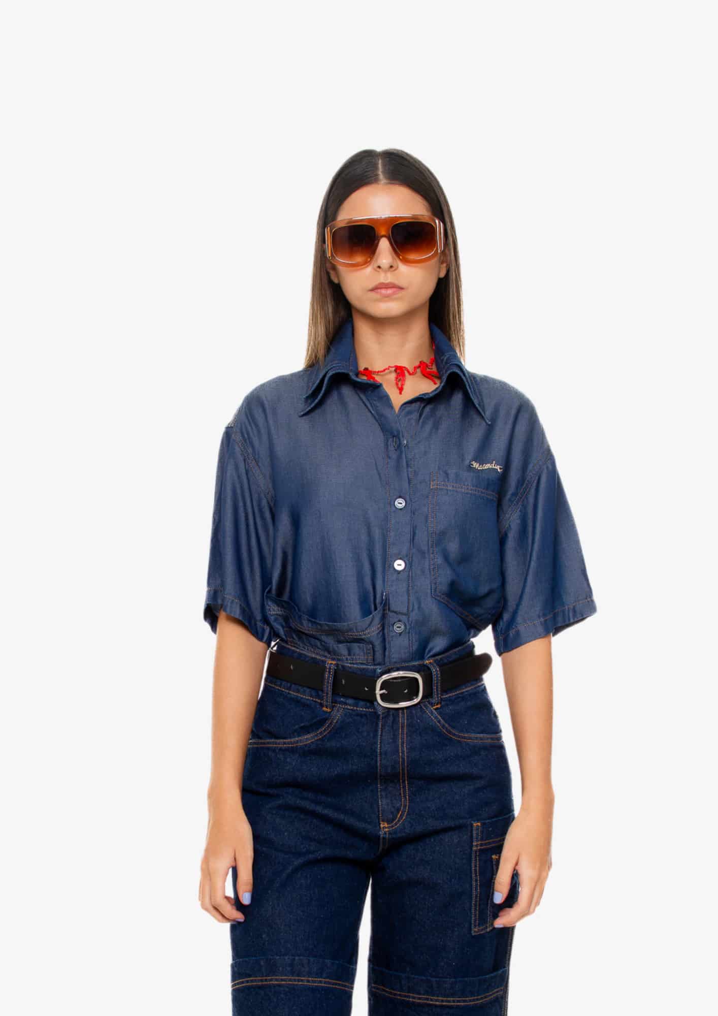Dark-Wash Short-Sleeve Double Neck Shirt - miniatura 4
