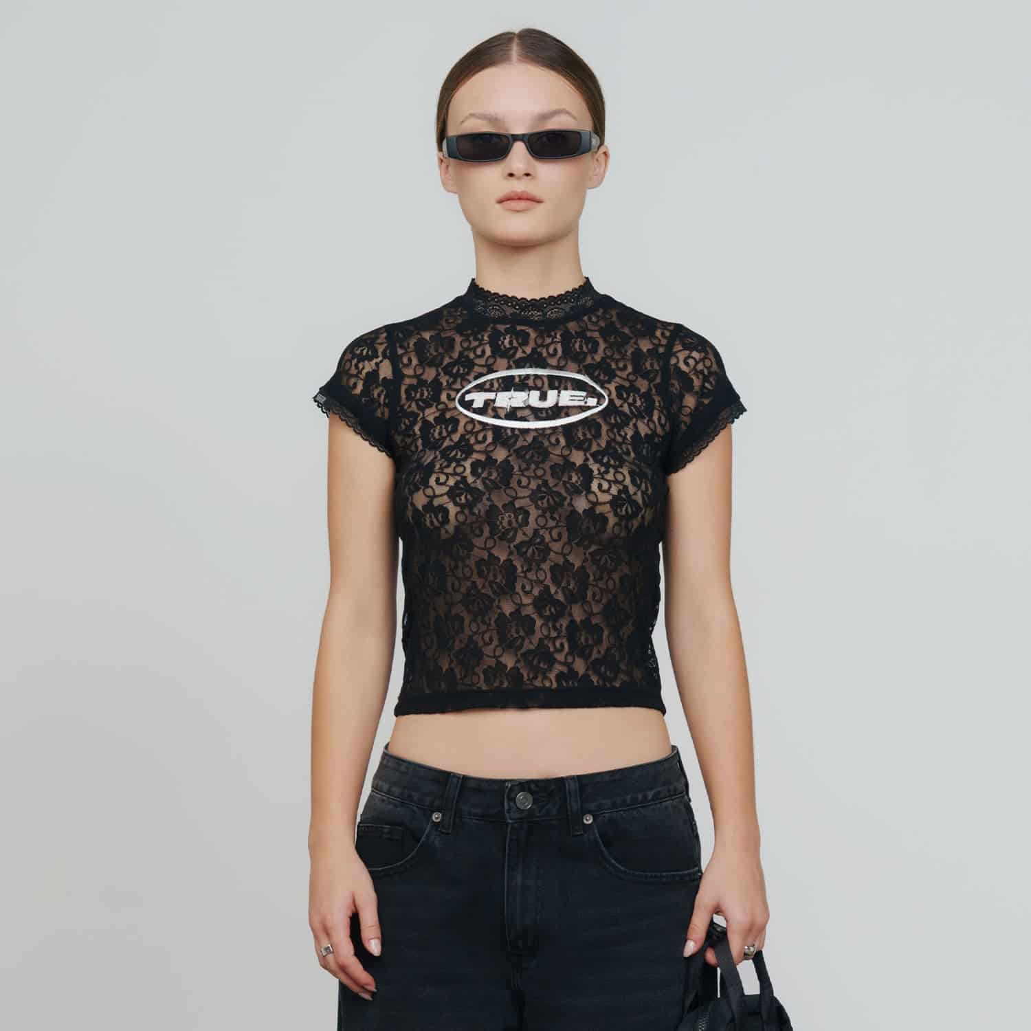 Floral Lace Baby Tee - Black - miniatura 2