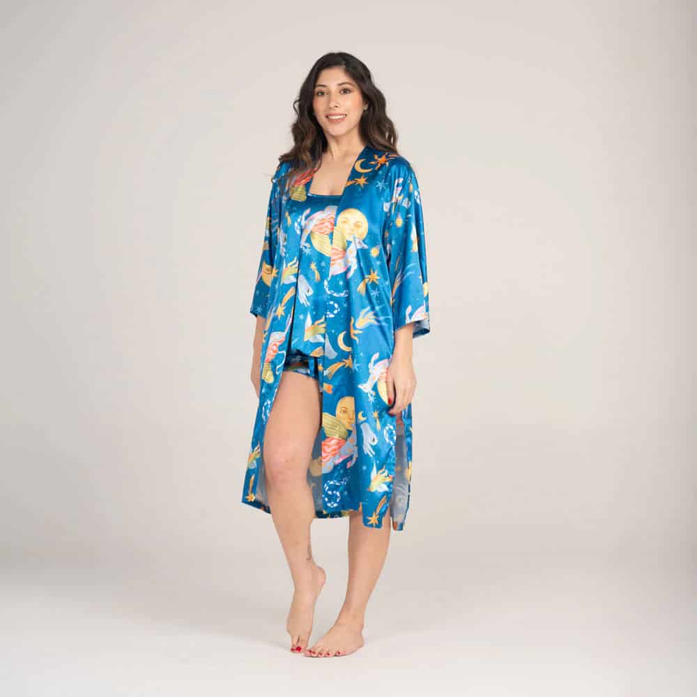 Kimono Manga 3/4 Satin con Estampado Alebrijes. - miniatura 1