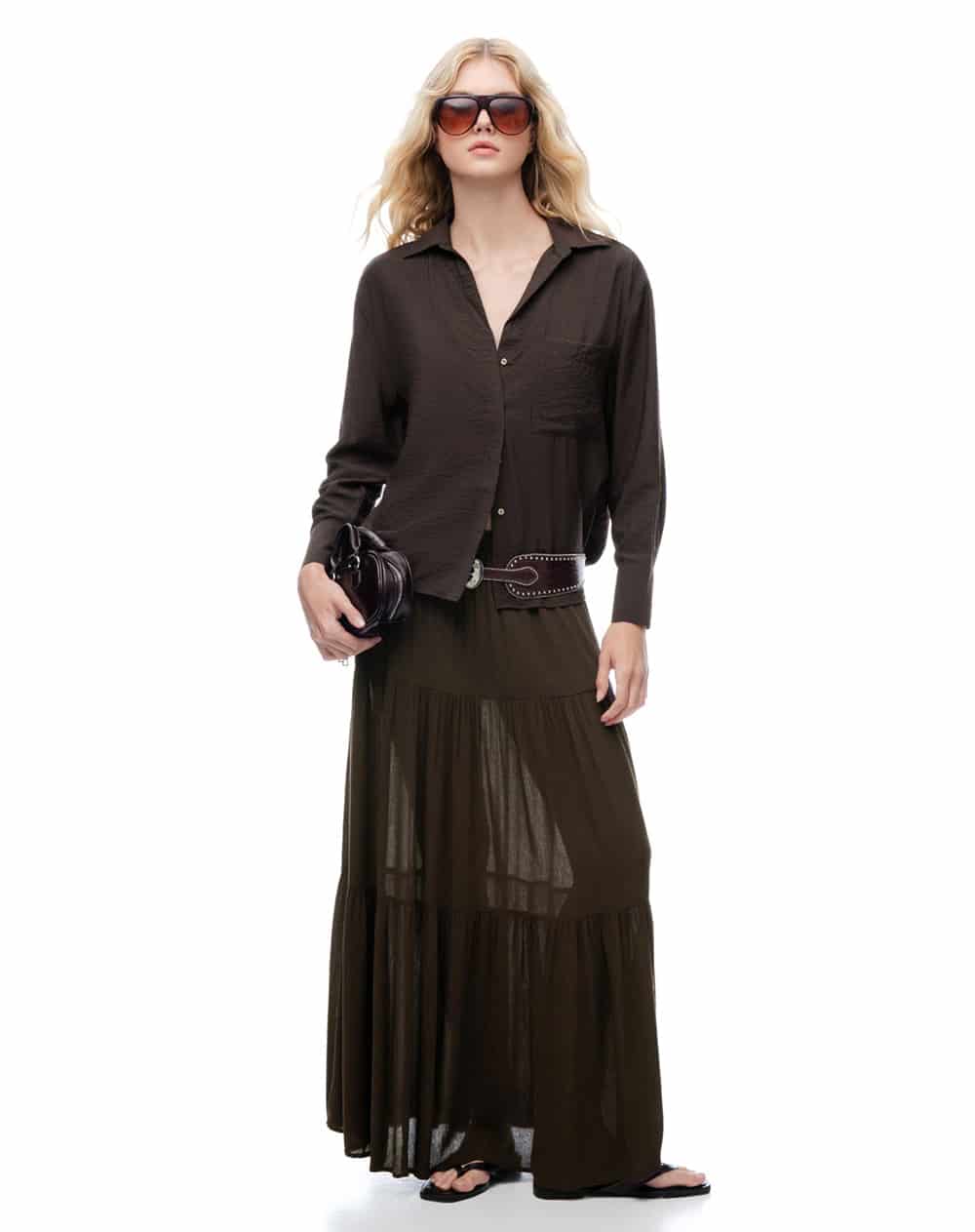 Camisa regular manga larga chocolate mujer - miniatura 5