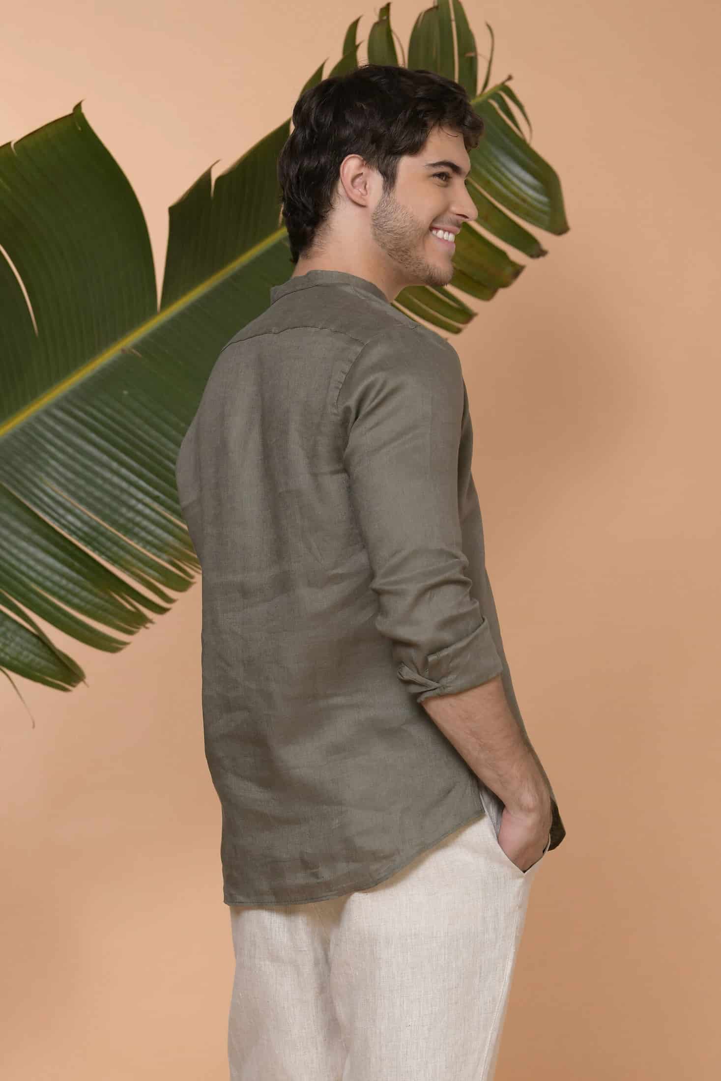 Camisa Mykonos Lino Verde Militar - miniatura 3