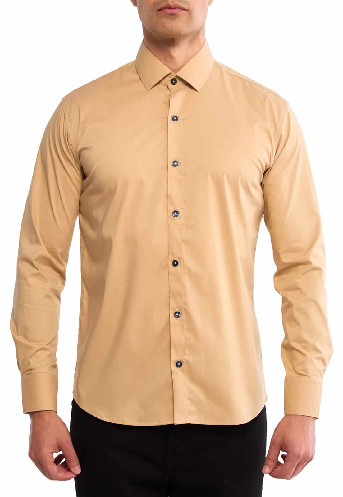 Camisa camel con botones en contraste azules - miniatura 3