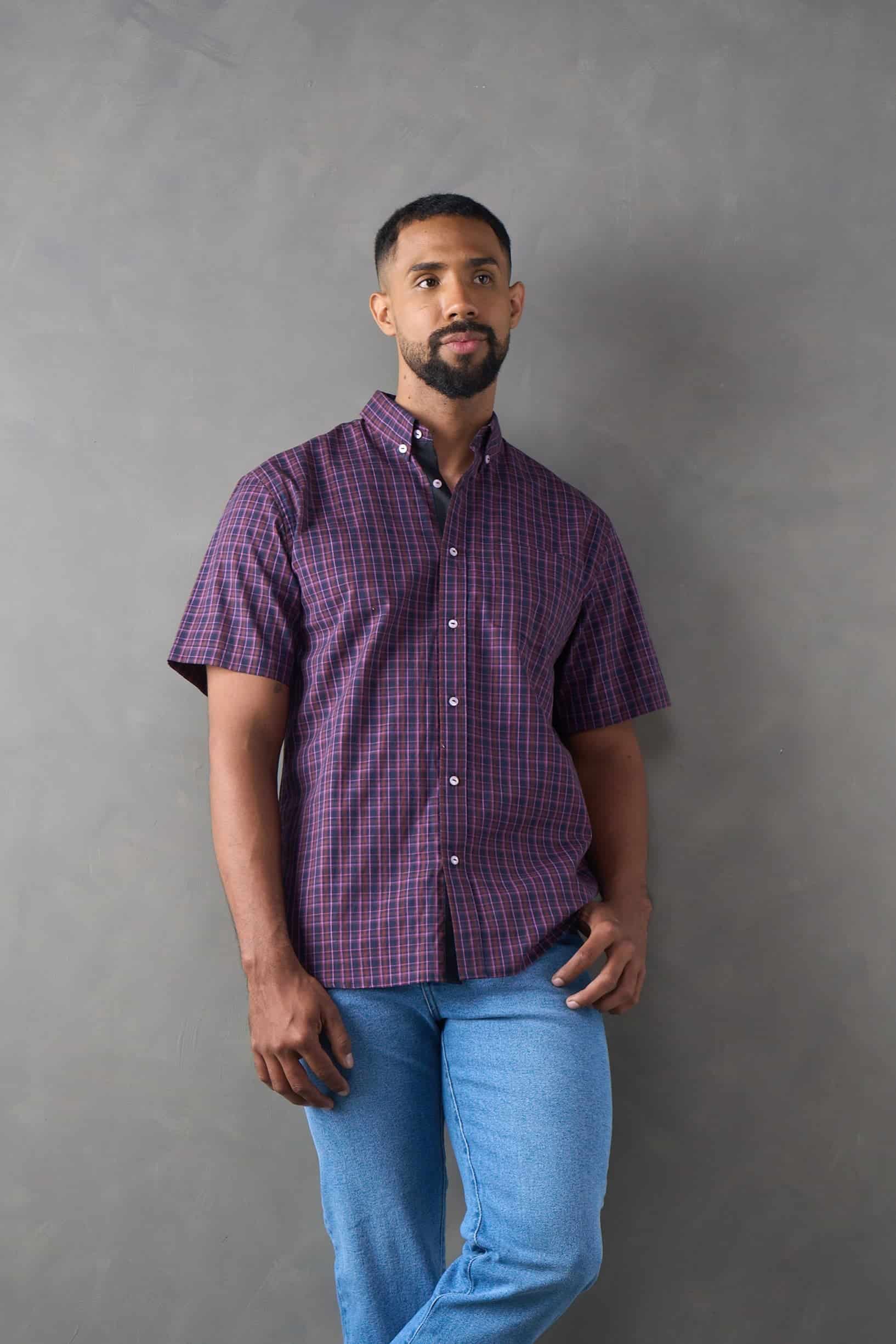 Camisa manga corta a cuadros morado - miniatura 1