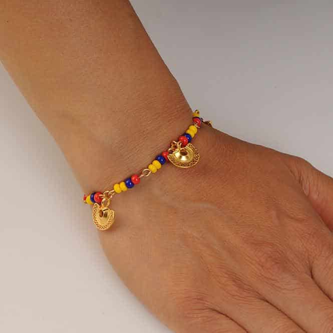 Pulsera colombia con 3 dijes nariguera semilunar tairona - miniatura 2