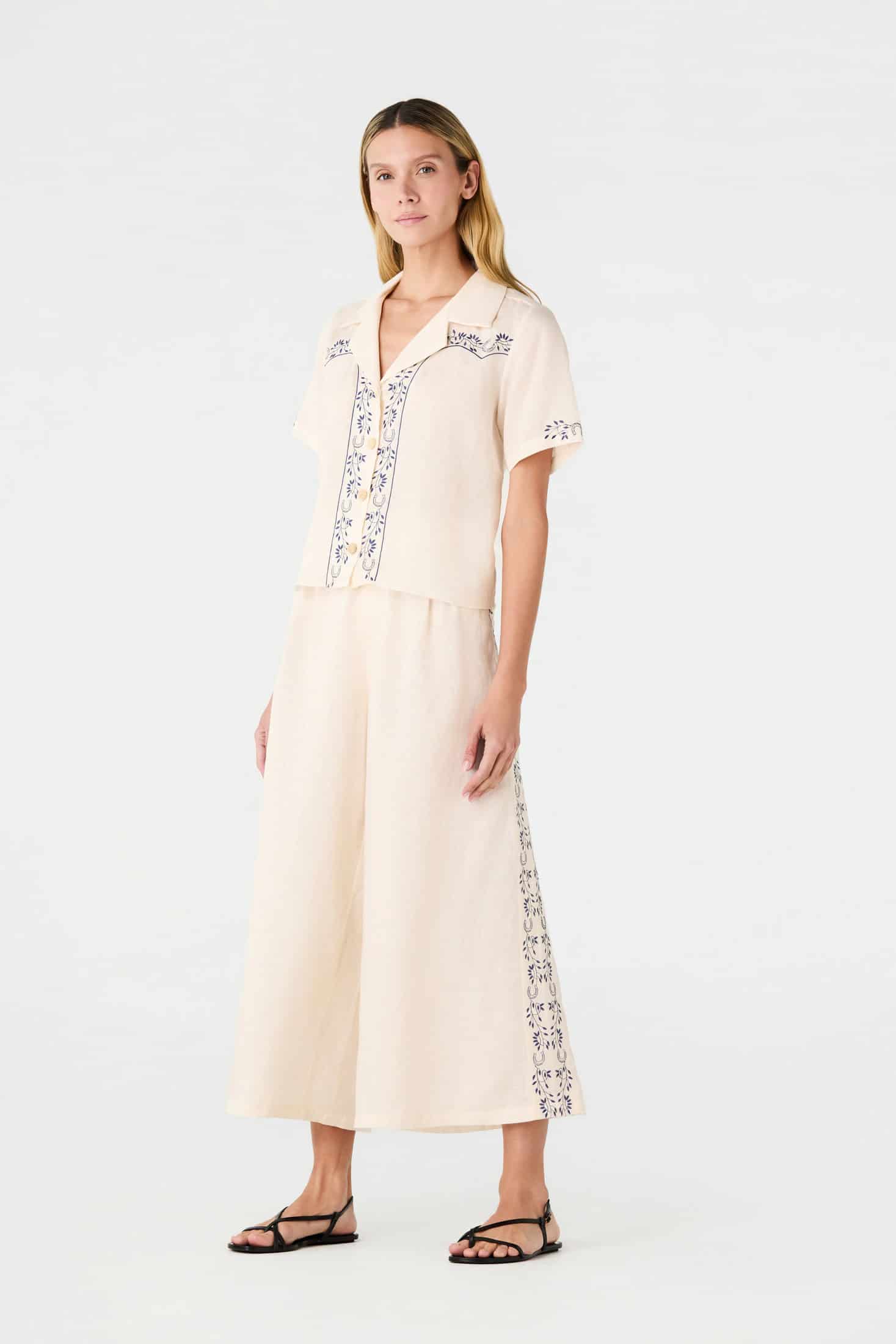 Jared Linen Capri Pants / Ivory Blue Horseshoes - miniatura 2