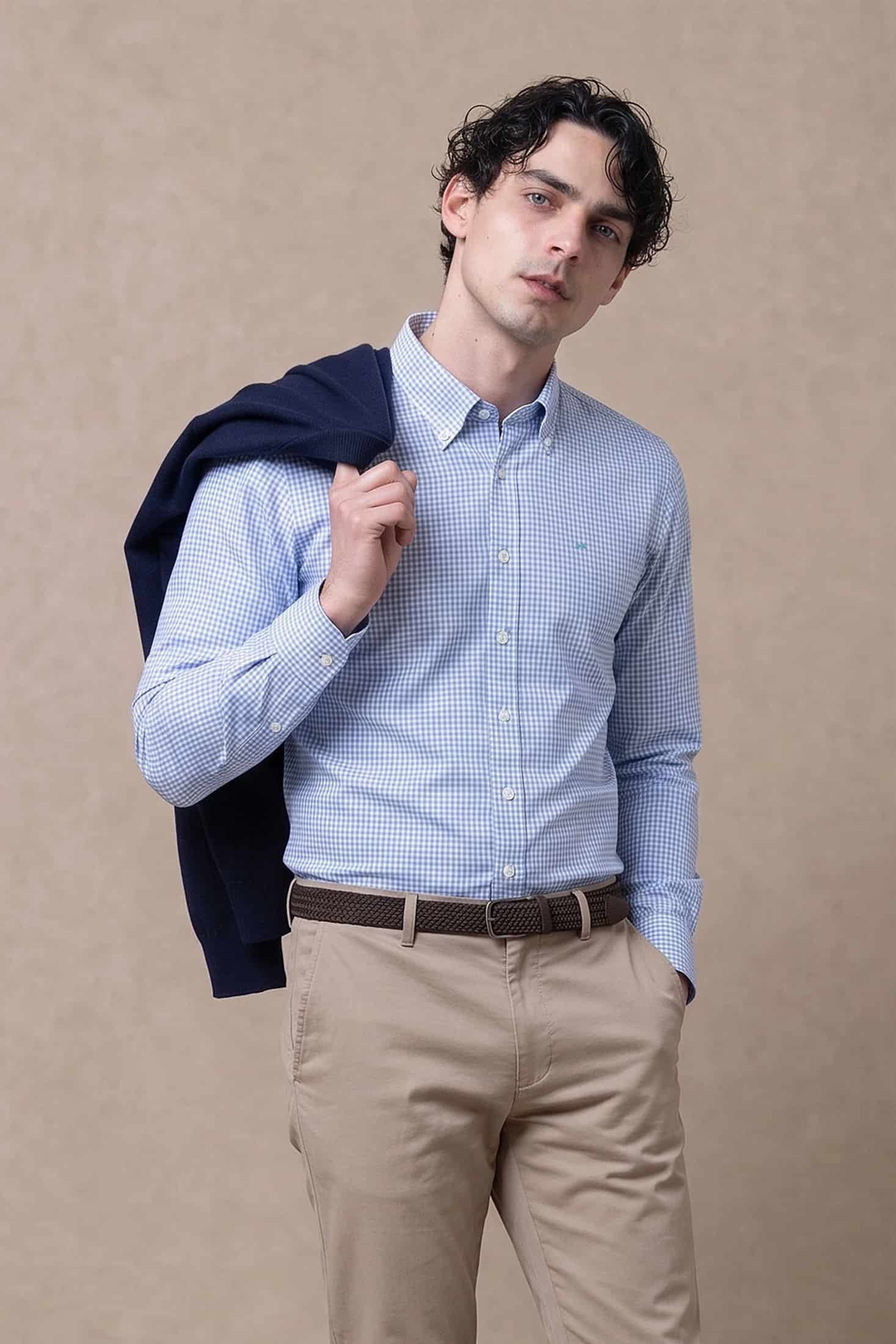 Camisa Antimanchas Popelina Cuadros Azul Claro Logo Combinado - miniatura 1