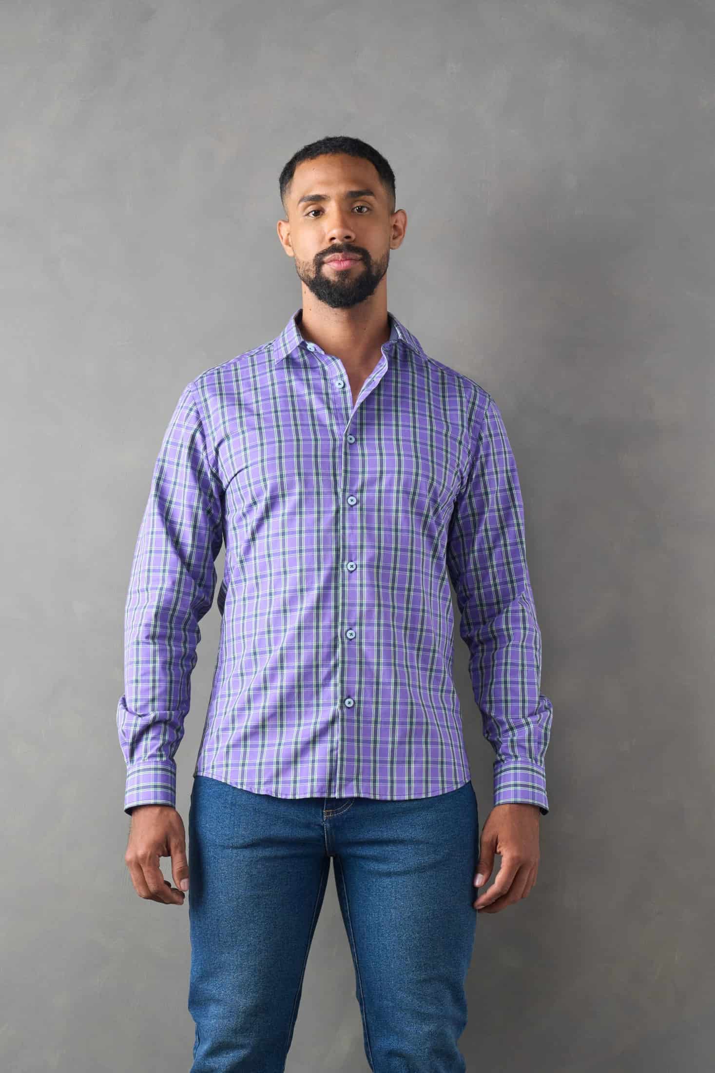 Camisa slim fit azul oscuro a cuadros - miniatura 1