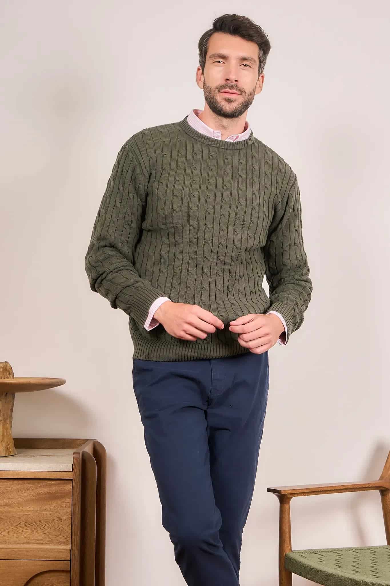 Suéter trenzado cuello redondo Hombre Verde - miniatura 7