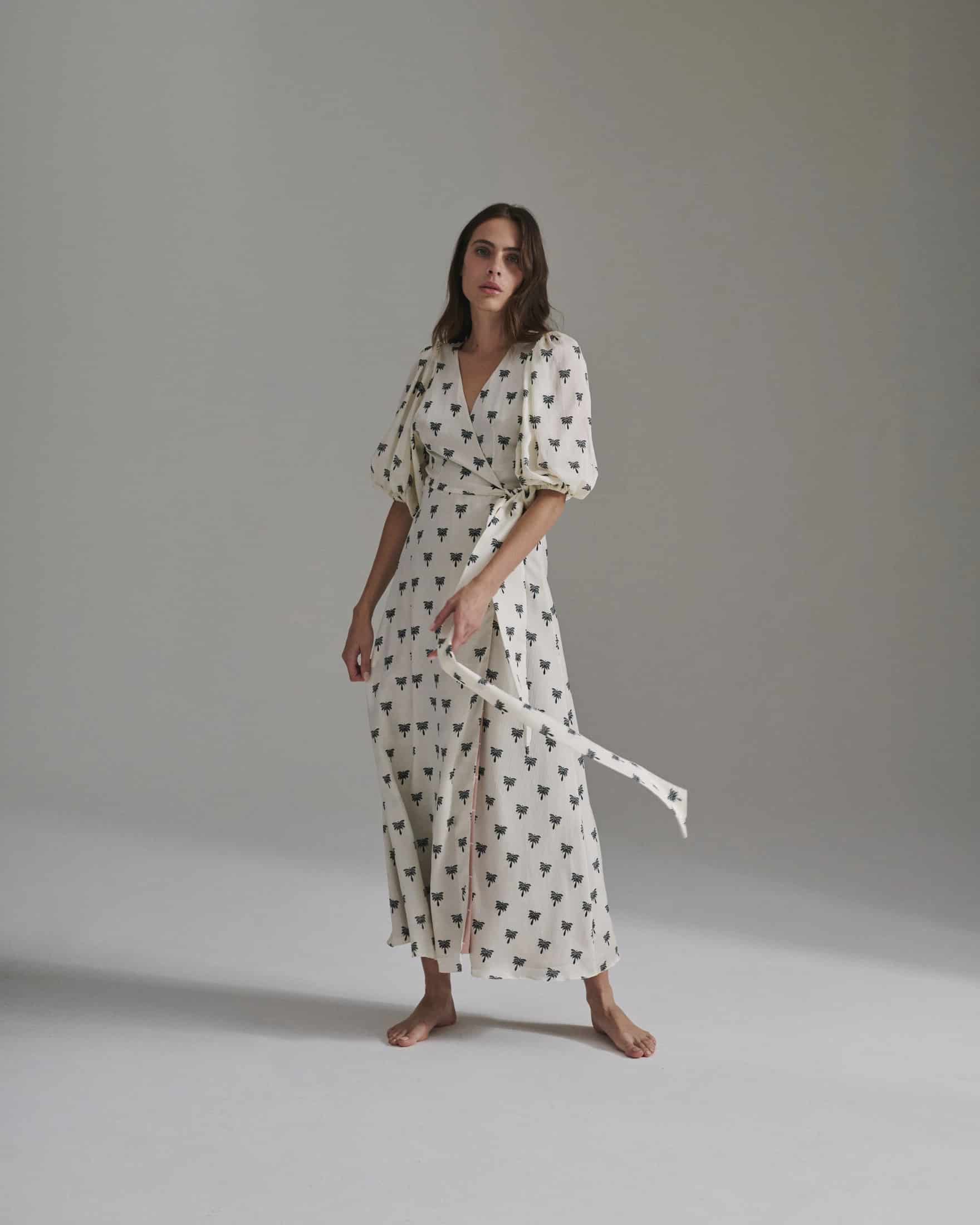 Ermita Martellato Silk Midi Dress / Ivory - Black Polka Palms - miniatura 1