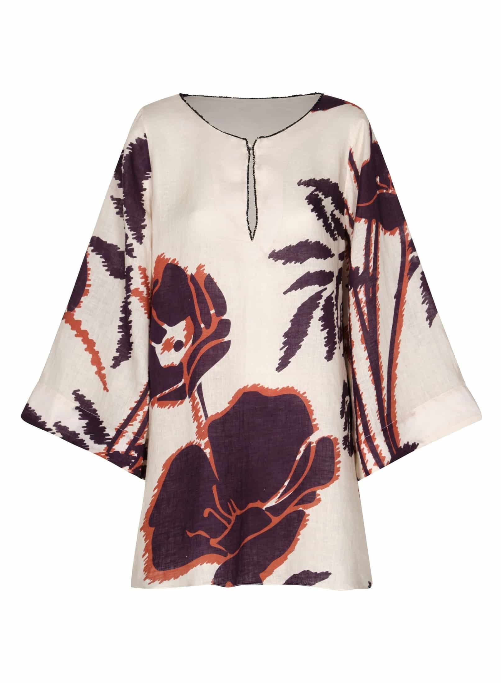 Nazare Linen Mini Tunic Dress / Ecru - Purple Gladiolos - miniatura 2