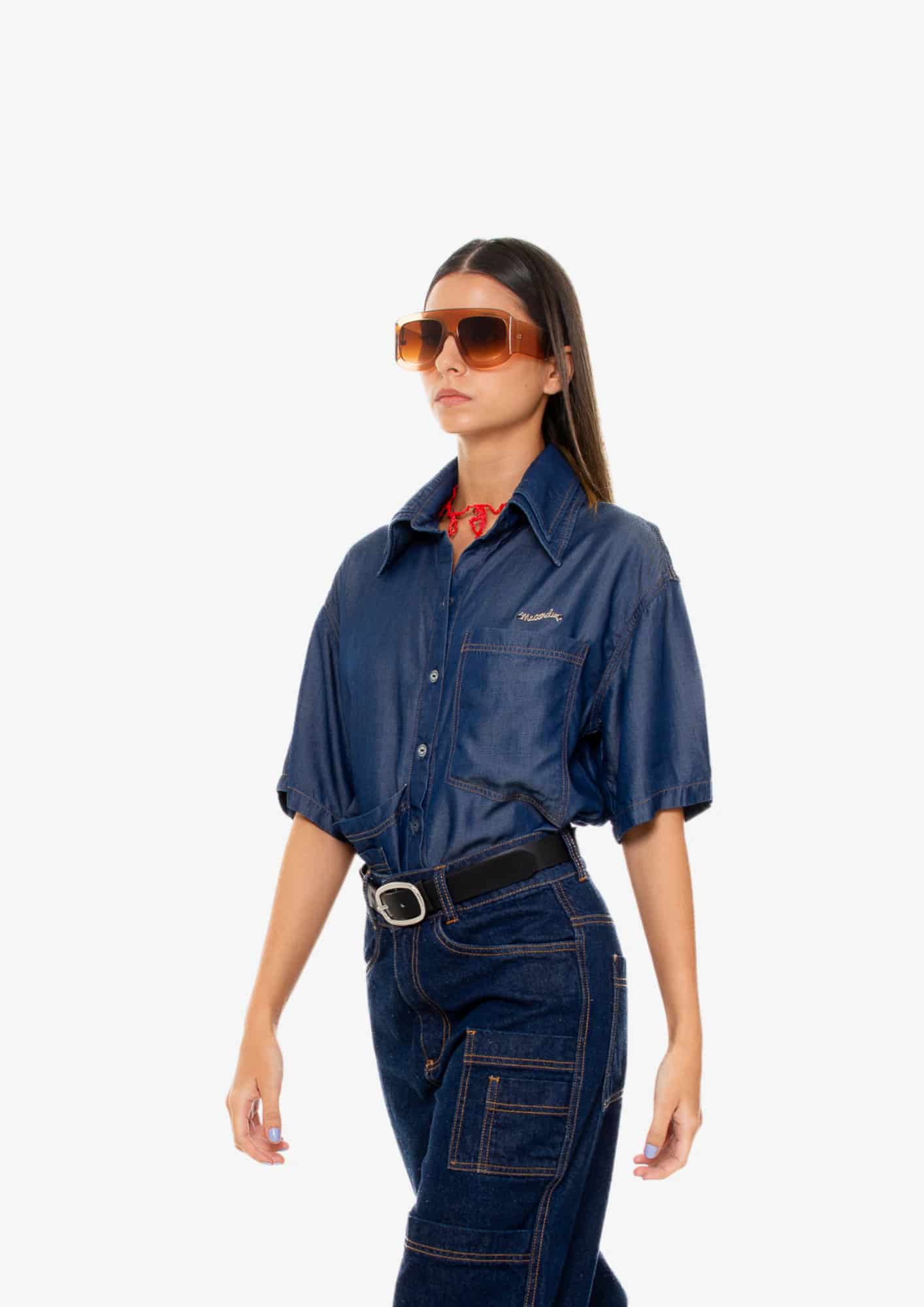 Dark-Wash Short-Sleeve Double Neck Shirt - miniatura 3