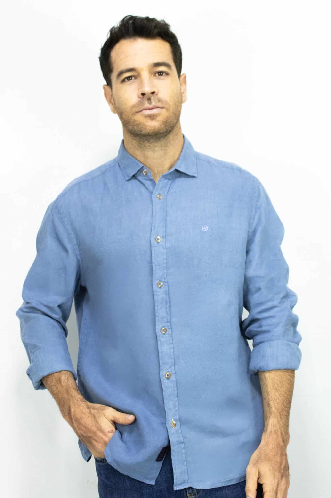 Camisa de Lino Azul Manga Larga para Hombre - miniatura 1